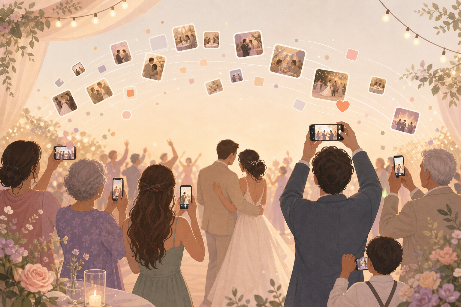 Wedding guests using a QR code to add reception photos to a shared private album.