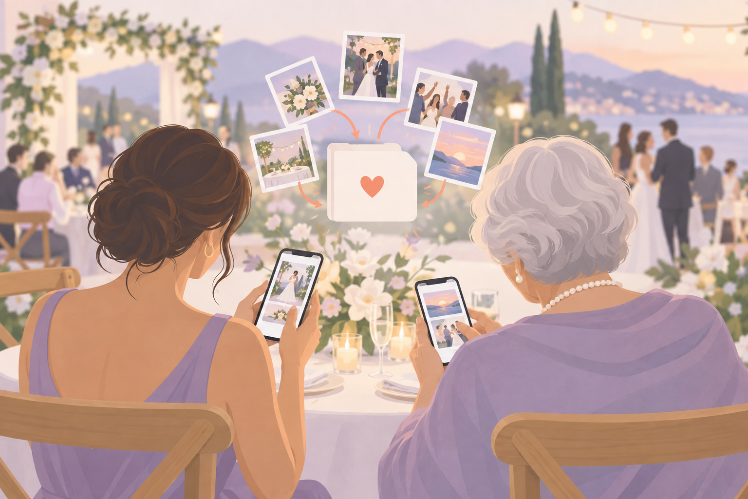 Wedding guests scanning a QR code at their table to upload photos to a shared sync.camera gallery, no app download needed.
