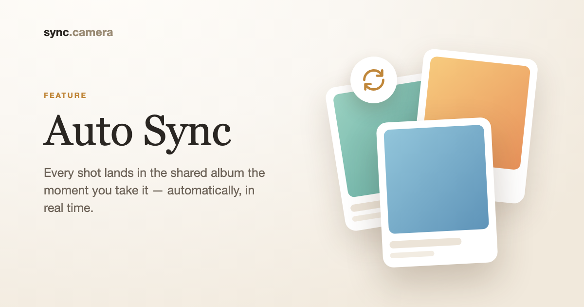 Shared event album on sync.camera showing photos from multiple guests appearing in real time during an event.
