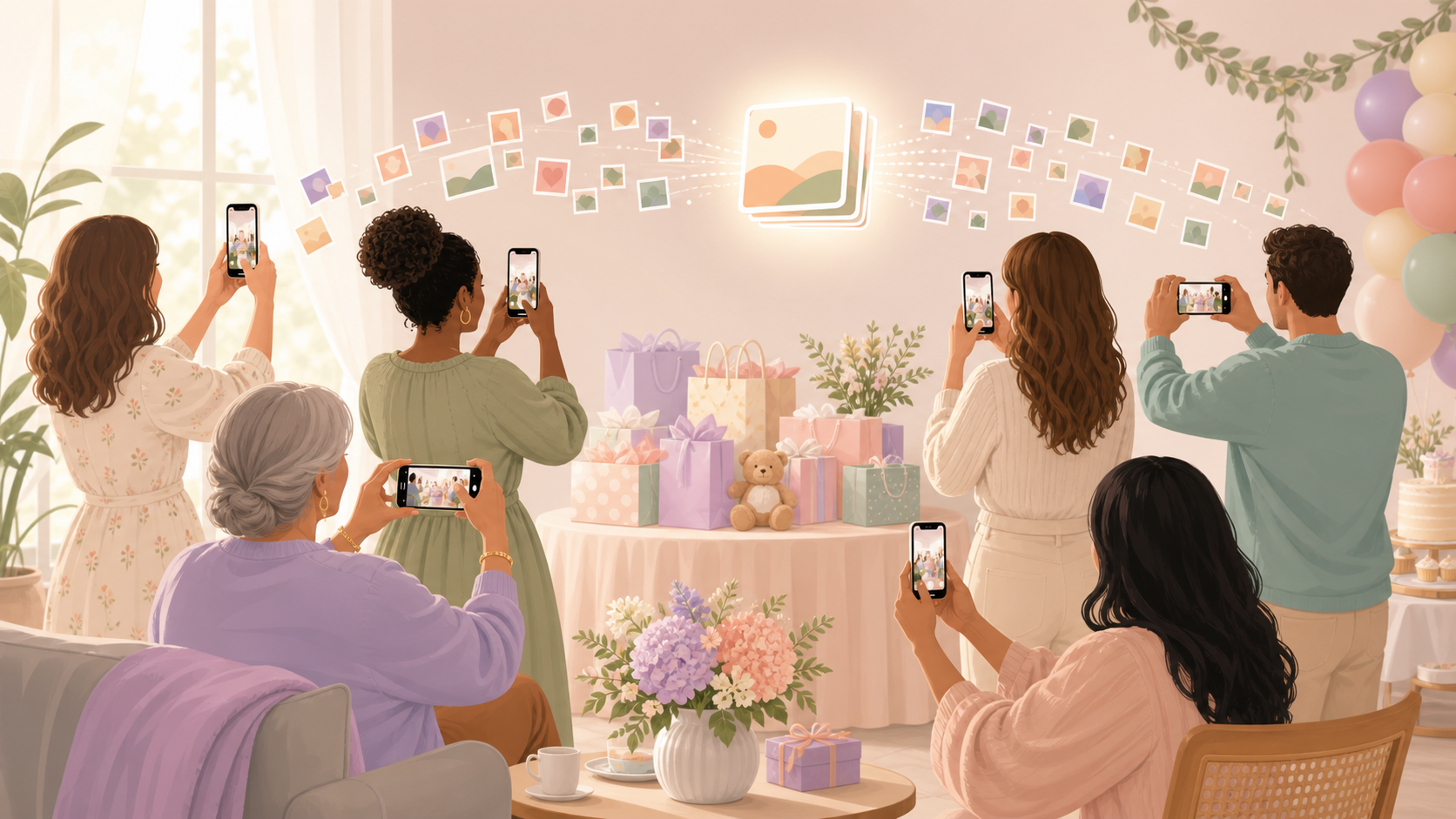 Warm illustration of baby shower guests scanning a QR code and sharing photos instantly into one shared album on their phones.