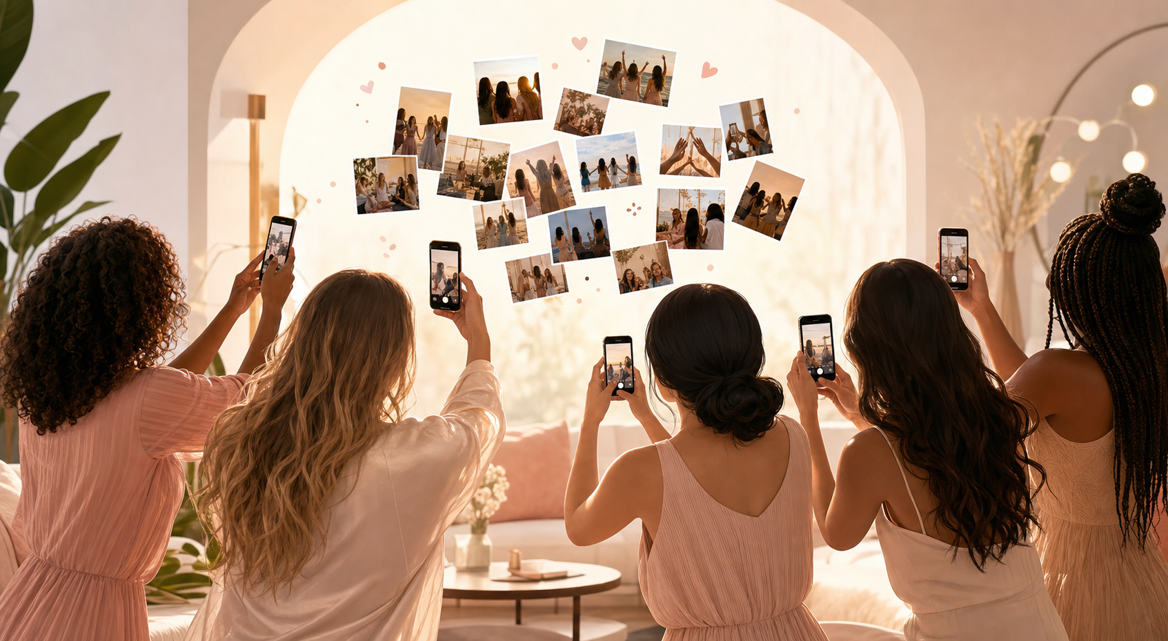 Group of women at a bachelorette party scanning a QR code to share photos instantly on their phones.