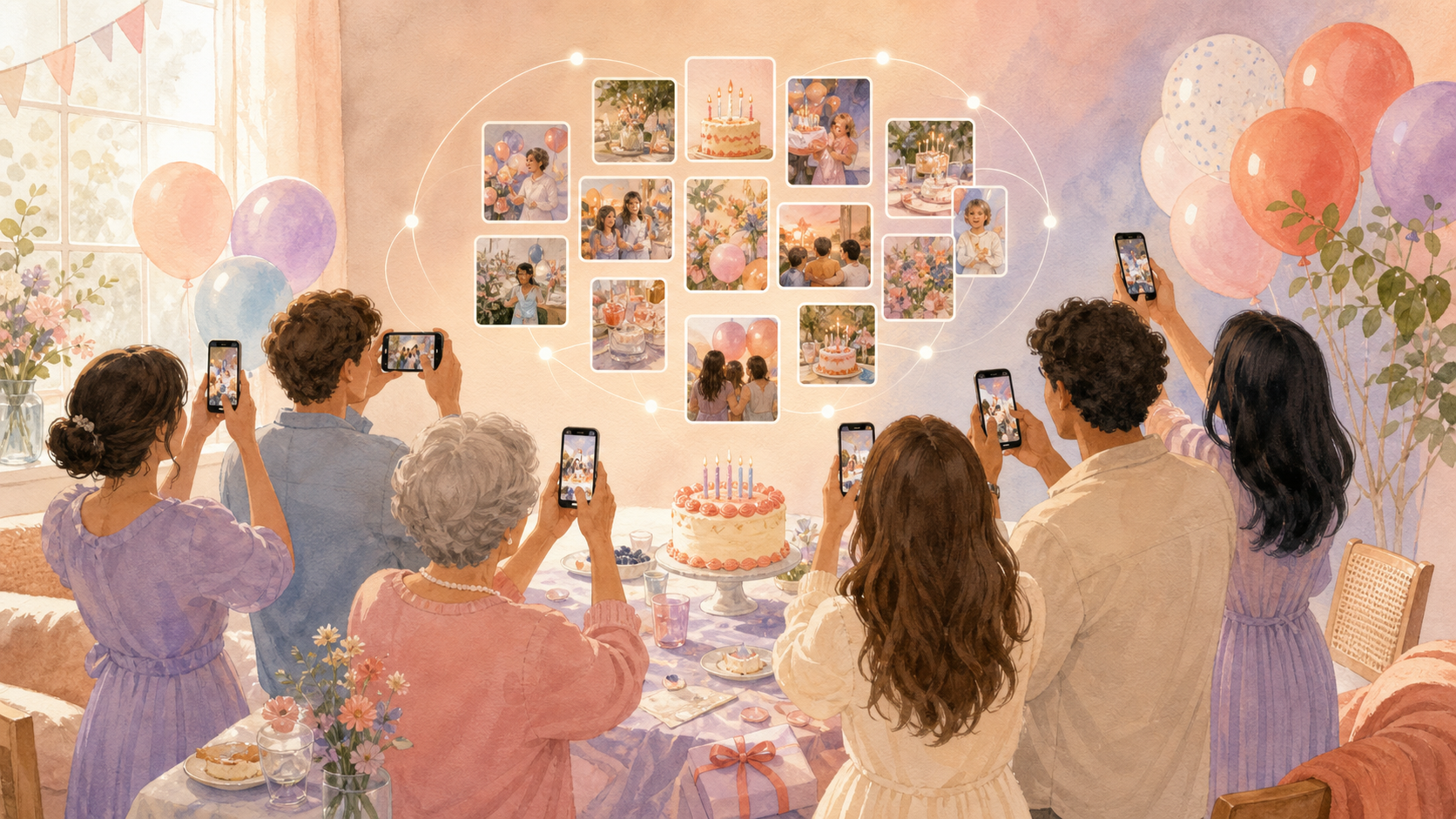 Birthday host viewing a private shared photo album while guests celebrate with cake and candles.