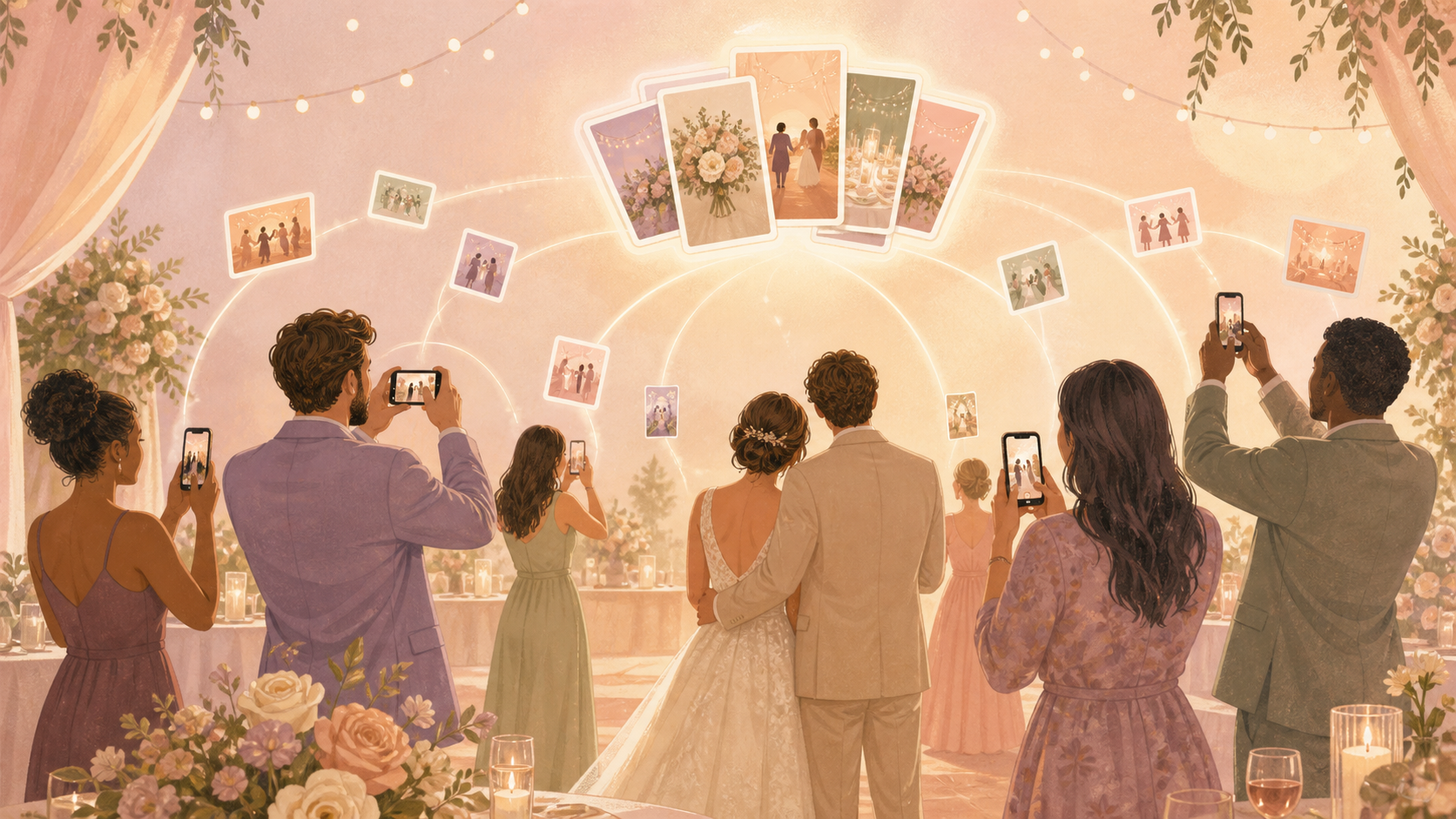 Wedding guests adding candid photos to a private shared album.
