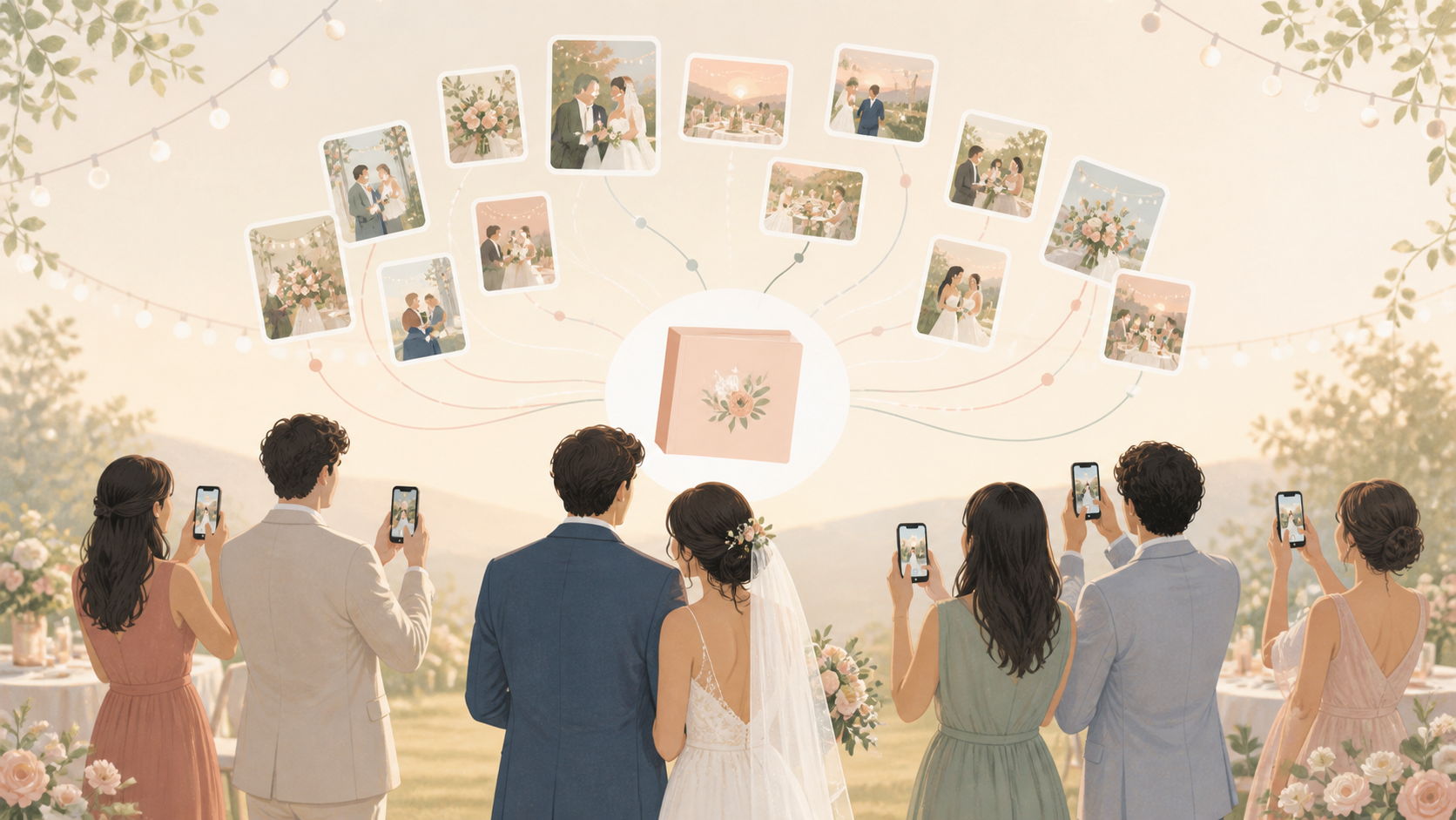 Wedding guests adding candid photos to a private shared album.