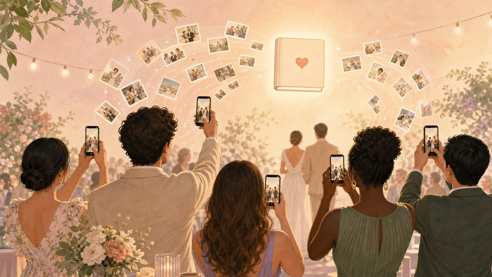 Warm illustration of wedding guests at a reception table using their phones to snap candid photos, with the shots filling up a shared album in real time.