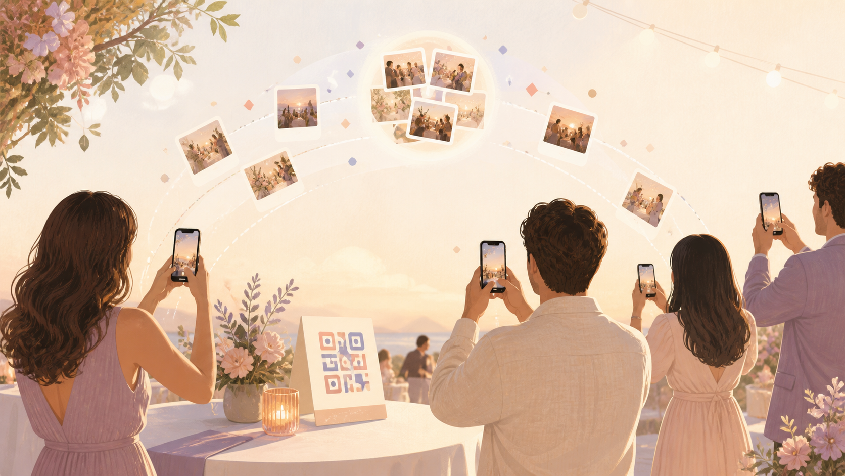 Event guests scanning a QR code sign and adding photos to one shared private album.