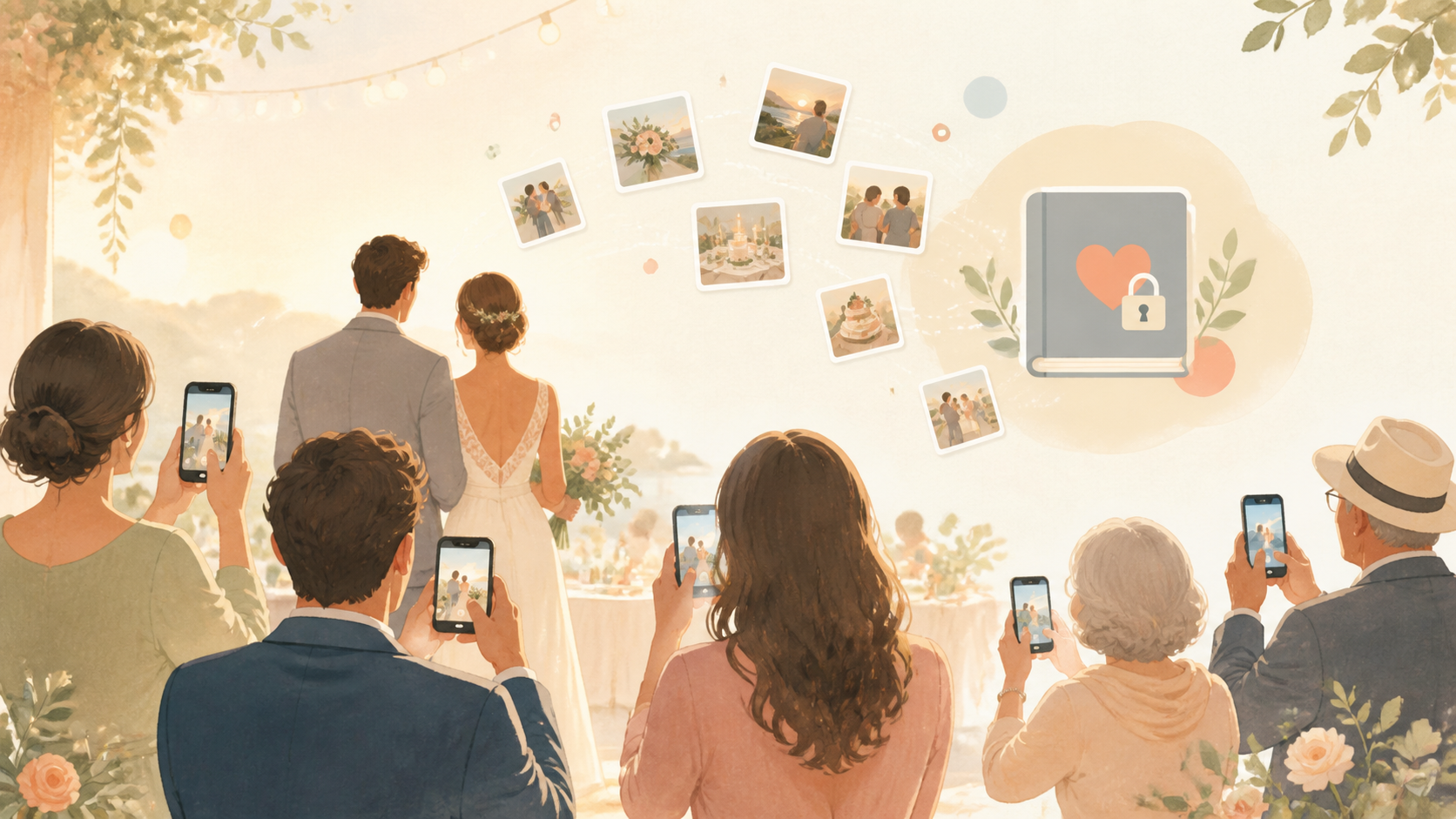 Warm illustration of wedding guests adding candid photos to a private shared album.