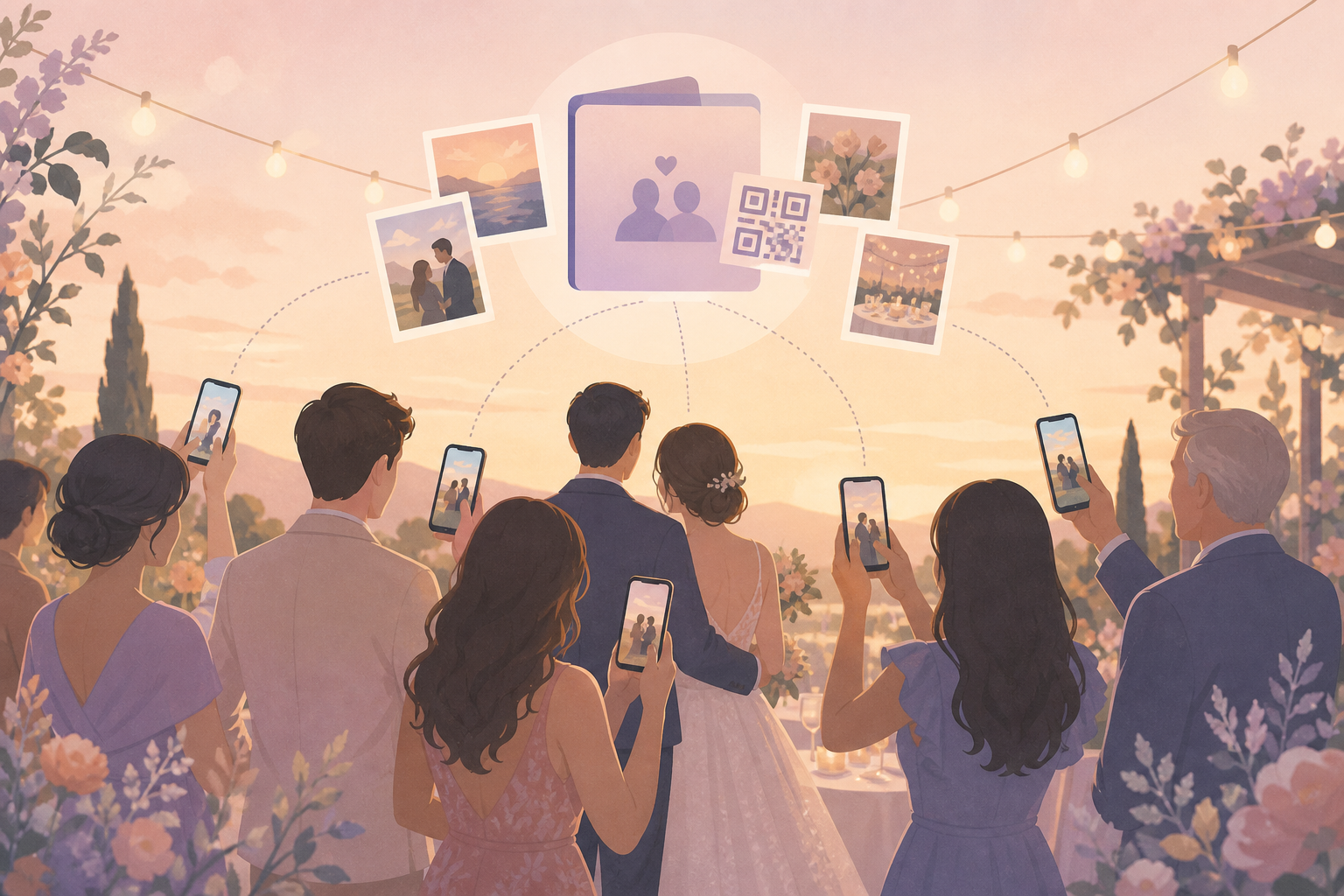 Warm illustration of wedding guests sharing candid photos into one private album.