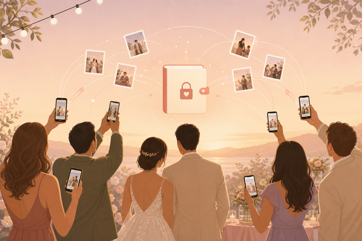 Warm illustration of wedding guests scanning a QR code to add candid photos to a private shared album.