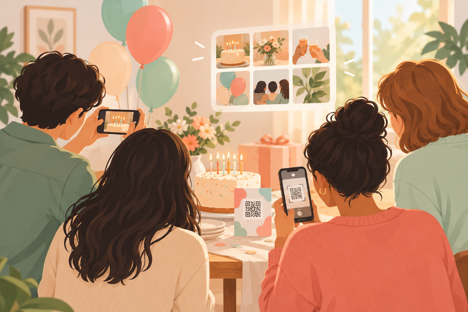 Warm illustration of a birthday host scanning a QR code on the cake table while guests take photos.
