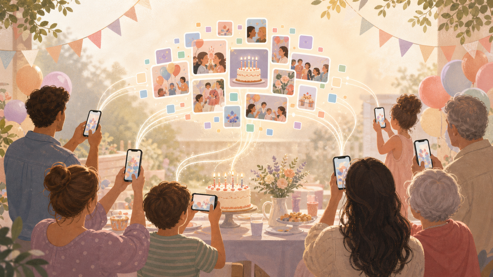 Warm illustration of a family gathered around a birthday cake, each holding a phone, photos flowing into a single shared album on screen.