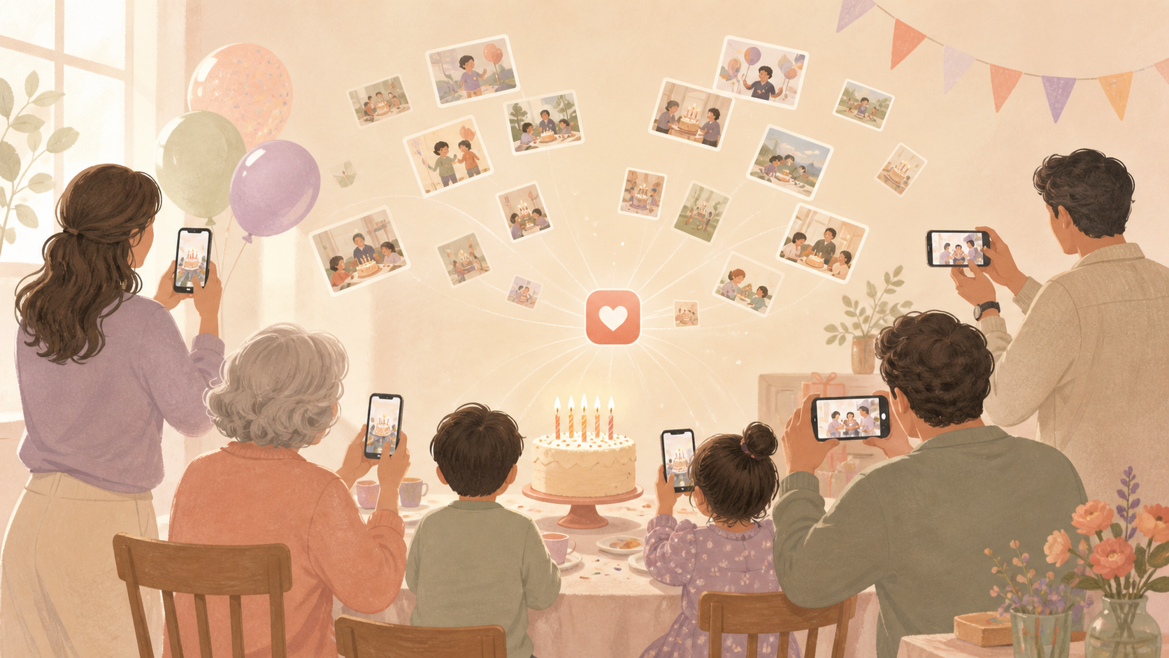 Warm illustration of a family collecting shared birthday photos privately.