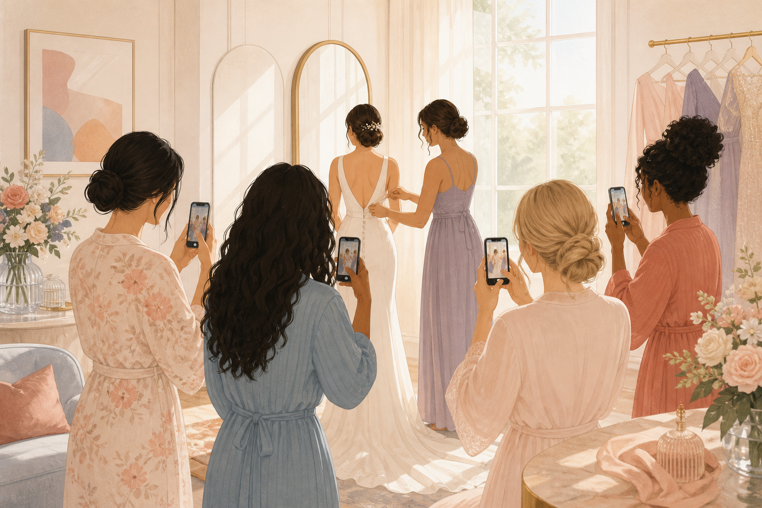 Wedding party capturing candid getting-ready photos in one private shared album.