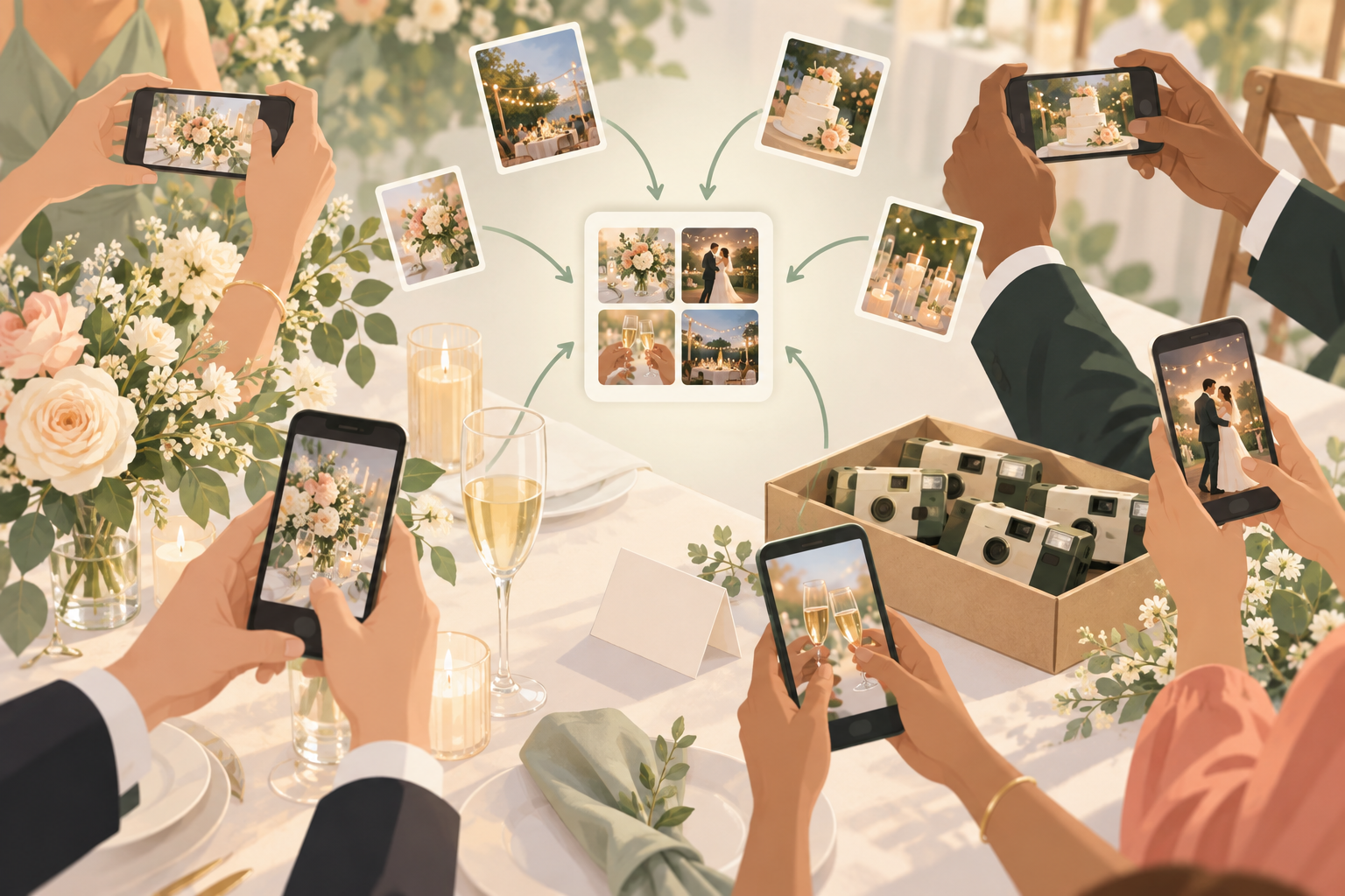 Wedding reception guests photographing candid moments on their own phones instead of disposable cameras on the tables.