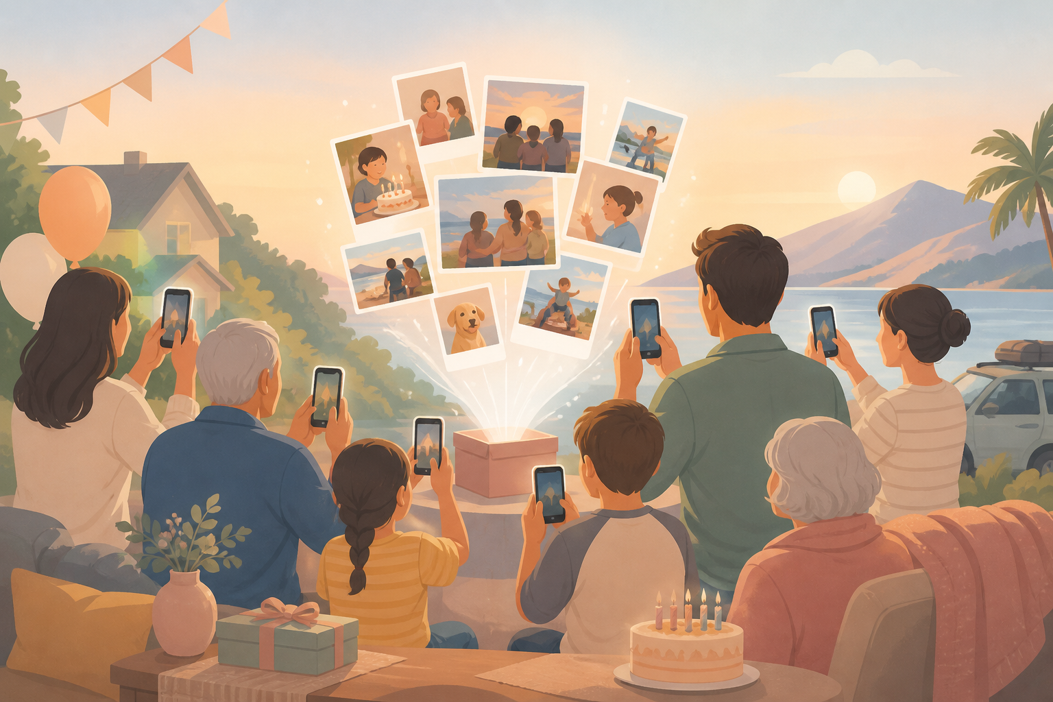 Warm illustration of a family gathering birthday and trip photos together into one shared private album.