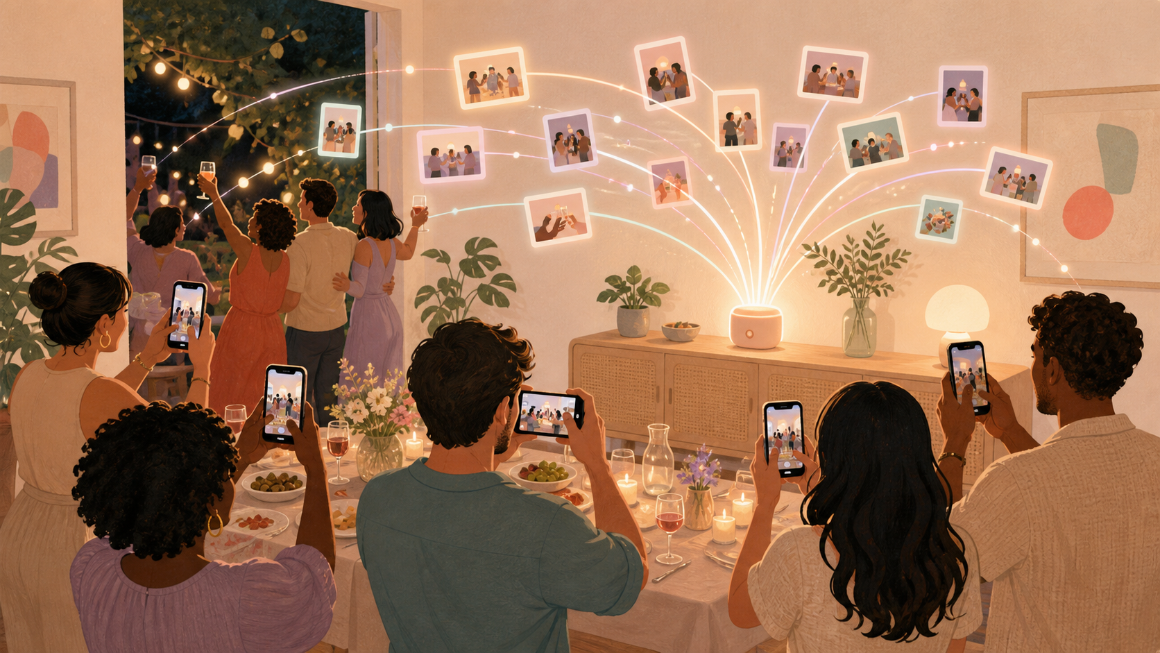 Party host enjoying the celebration while guests capture photos for one private shared album.