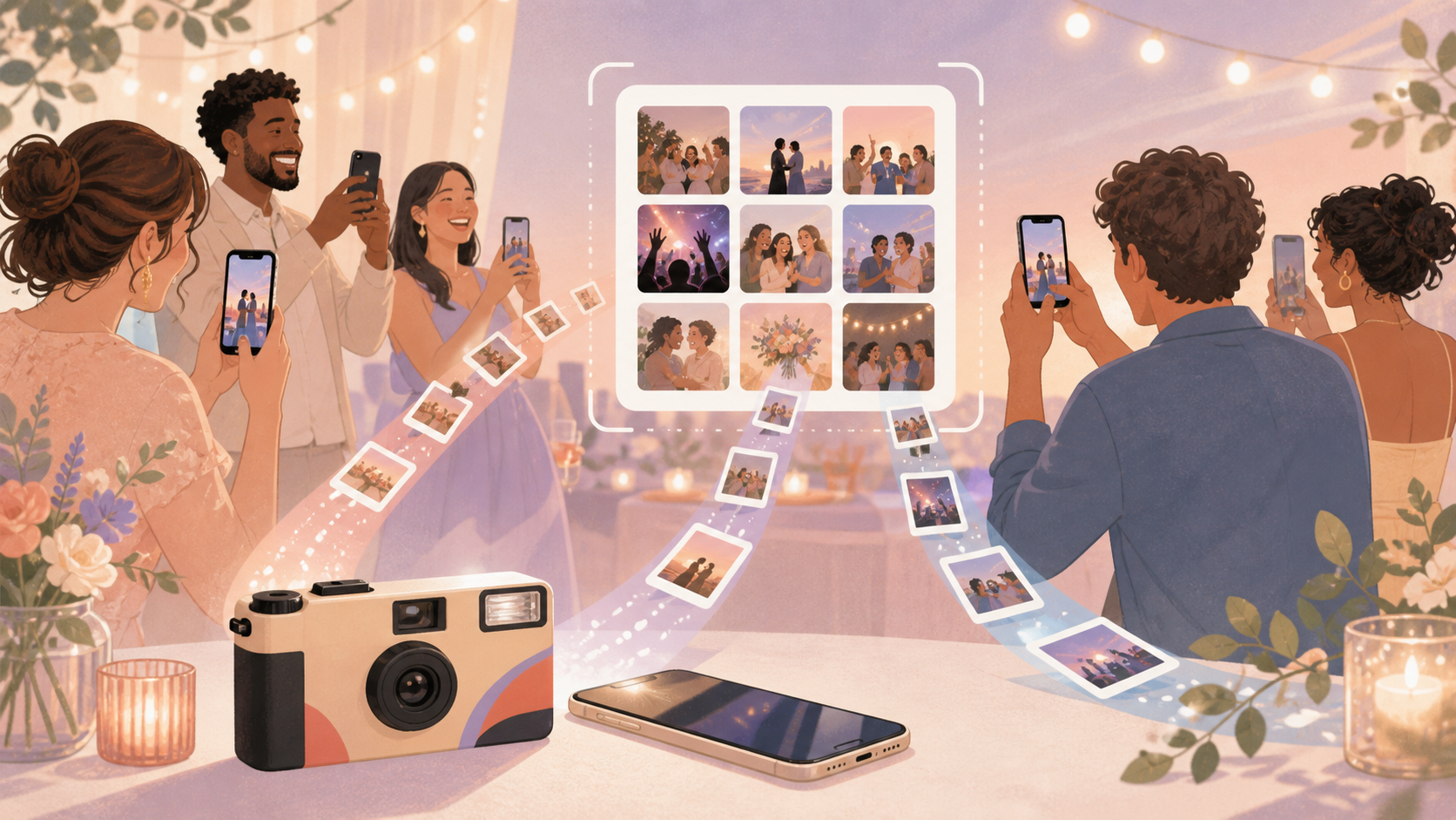 Guests using phones to add event photos to one shared sync.camera gallery.