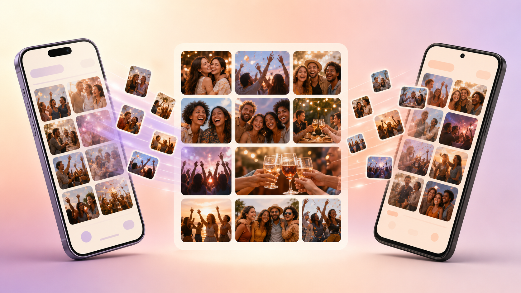 Illustration of an iPhone and an Android phone both adding photos into the same shared event album.