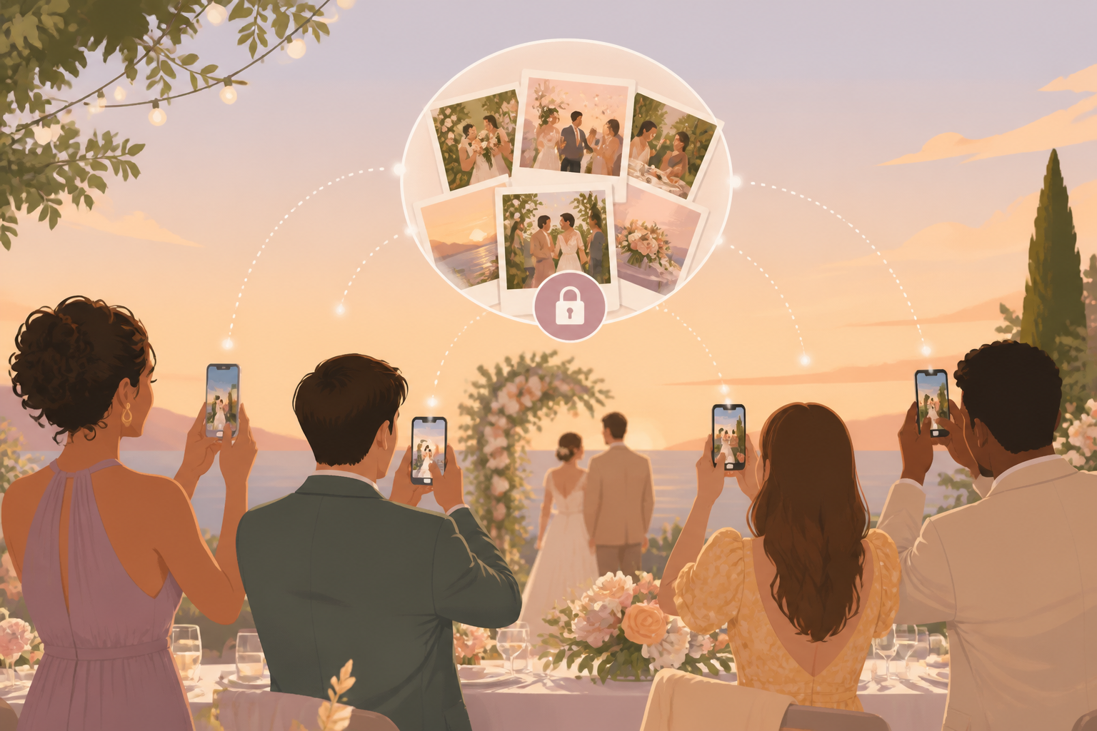 Wedding guests using their phones to add candid ceremony and reception photos to a private shared album.