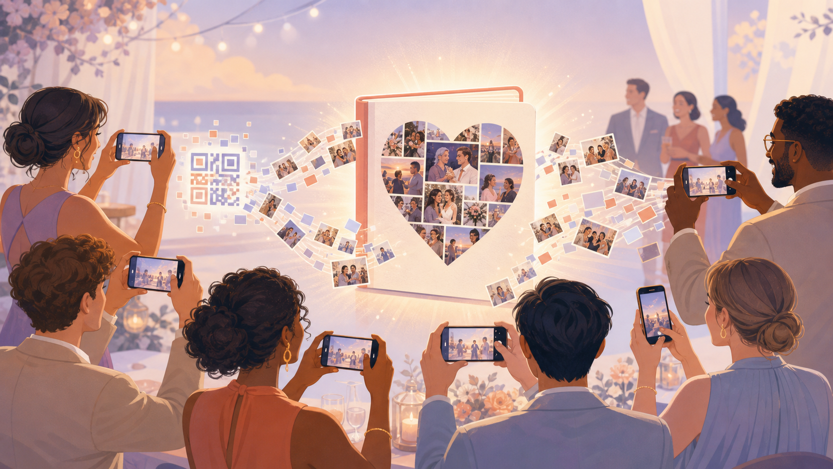 SYNC digital disposable camera — guests scan a QR code at an event and photos land in one shared album with gallery reveal.