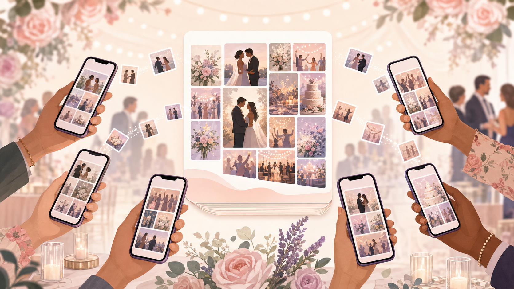 Couple browsing a shared wedding photo gallery on a phone, with a QR code table card visible in the background at a reception venue