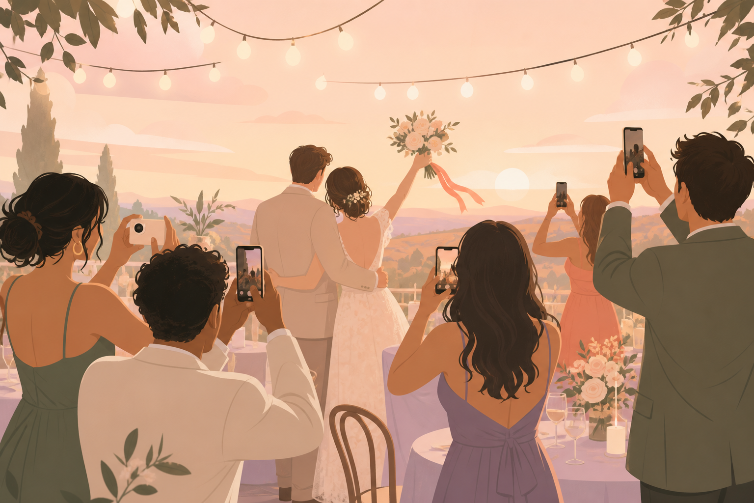 Wedding couple viewing candid photos contributed by their guests to a private shared album.