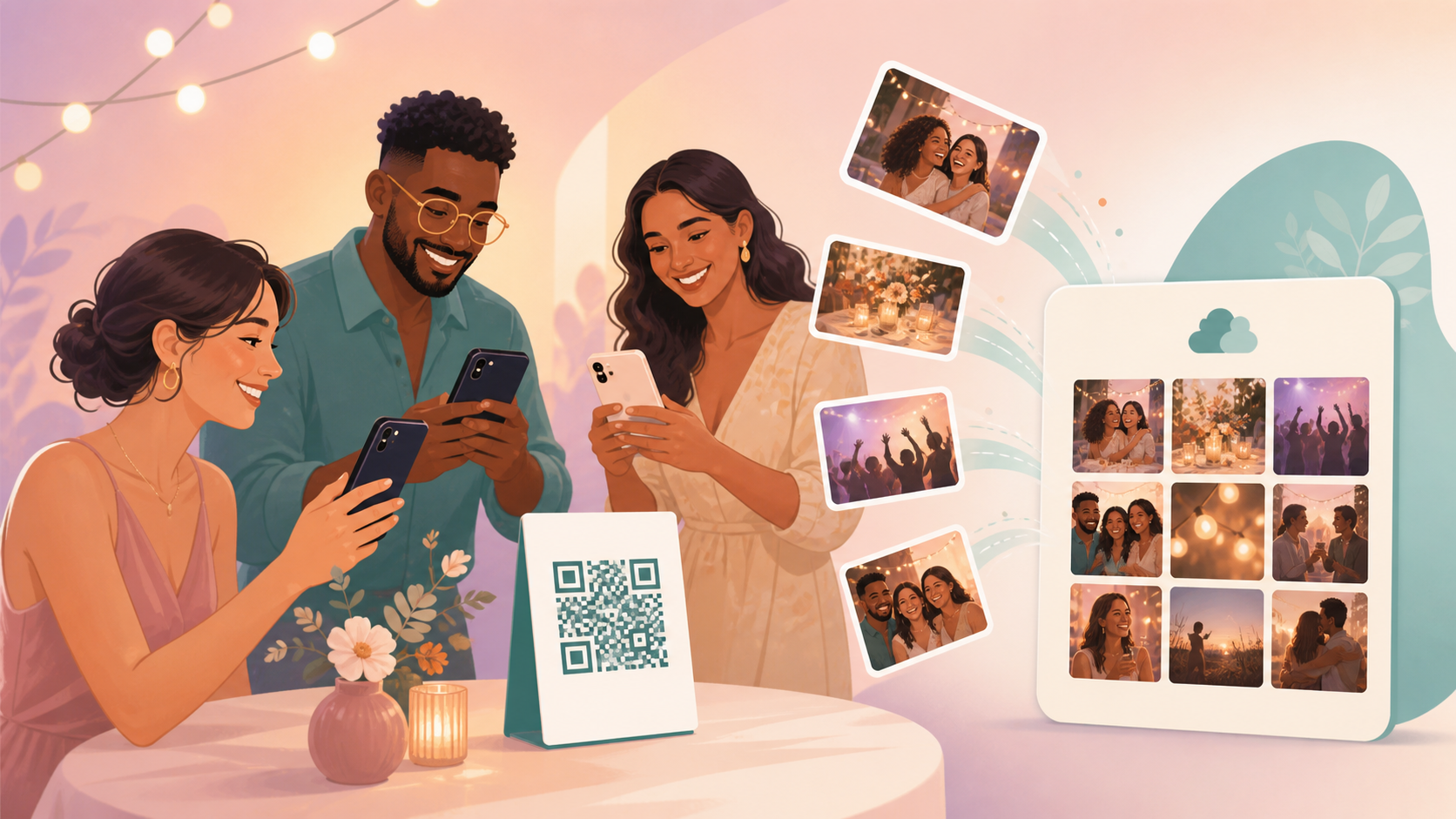 Guests scanning an event QR code to join a shared photo gallery at a party.