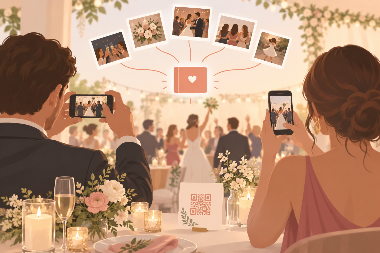 Wedding guests at a reception table scanning a QR code card with their phones to start taking photos.