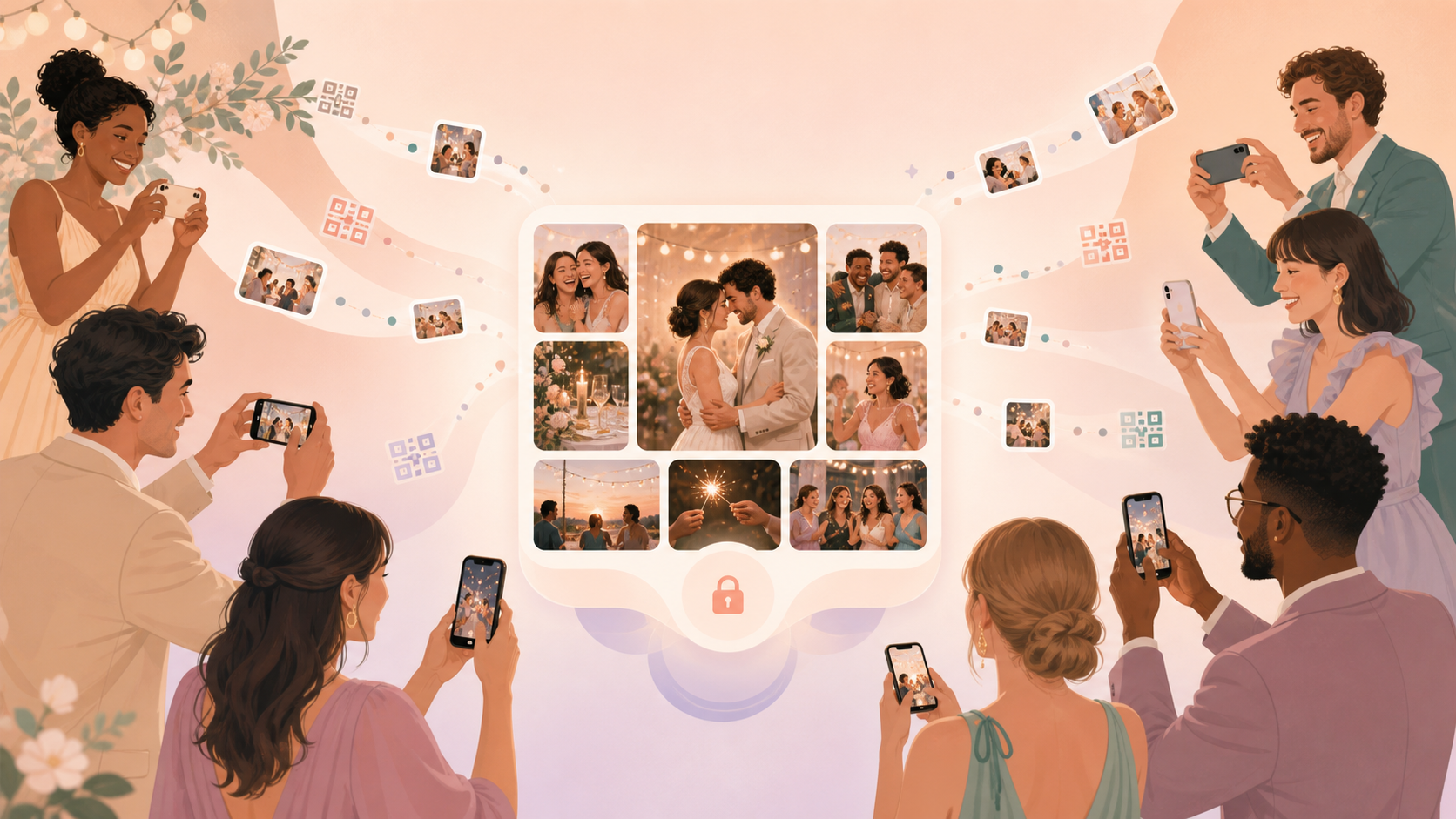 Guests using Sync to create one shared disposable camera result for an event.