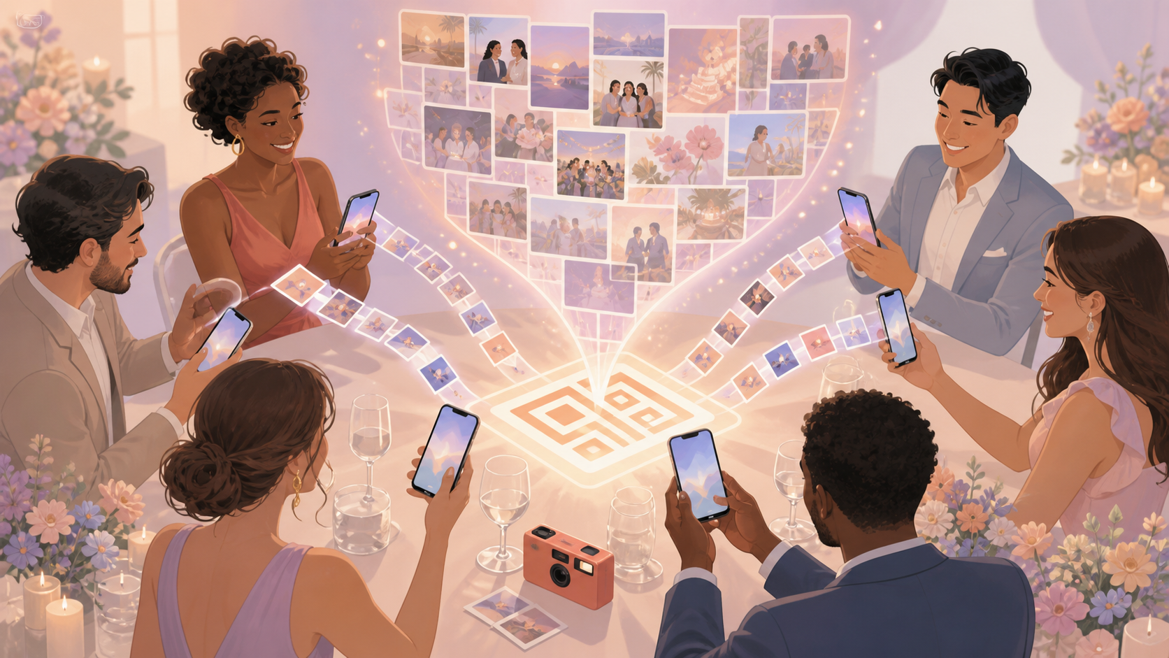 Guests scanning a QR code to join a shared event photo gallery on their phones.