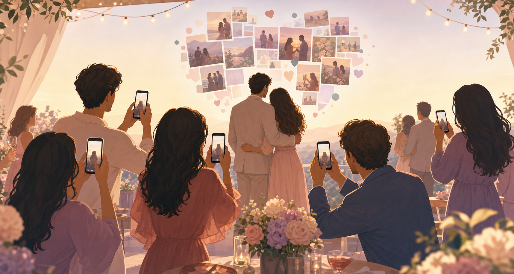 Warm illustration of an engagement party guest holding up a phone to photograph a couple, with photos from multiple phones flowing into a single shared album.