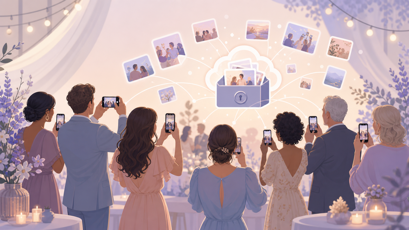 Warm illustration of an event host viewing privately collected guest photos.
