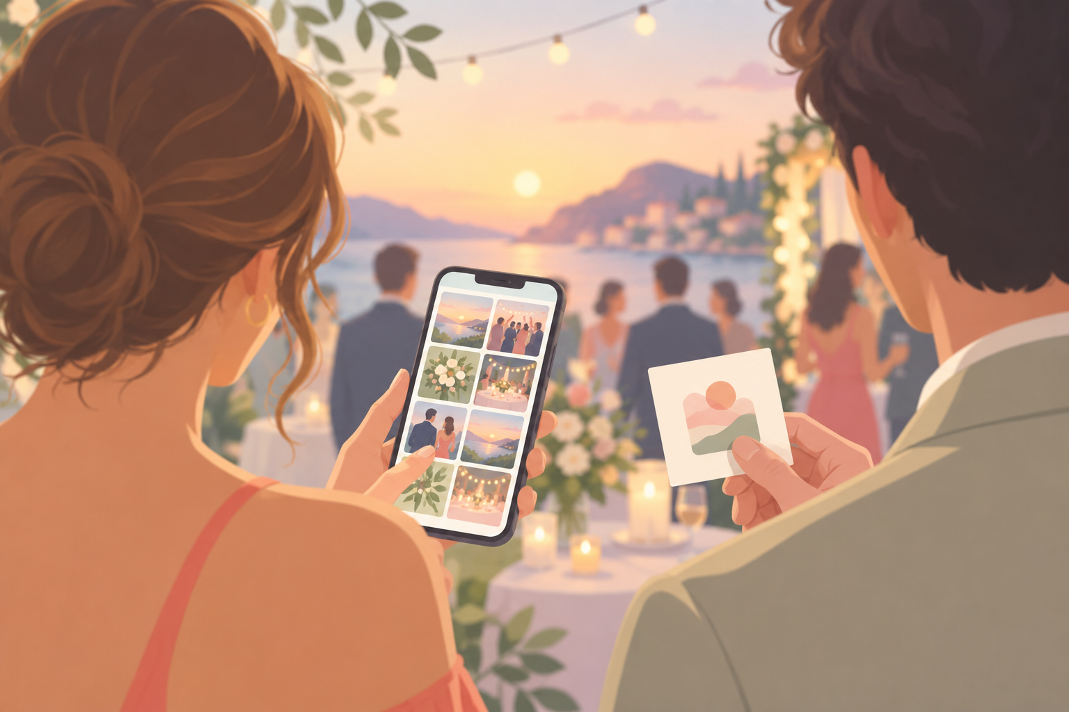 Guest reopening a shared event photo gallery on their phone by scanning the same QR code, with no login screen in sight.
