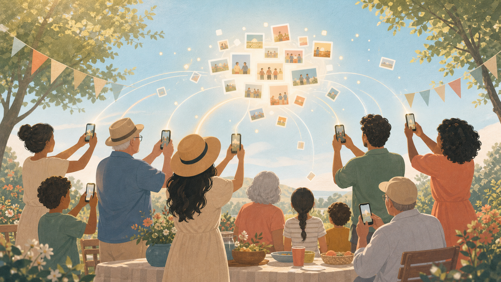 Warm illustration of a multigenerational family at an outdoor reunion, each holding a different phone, with a shared photo album visible on every screen.