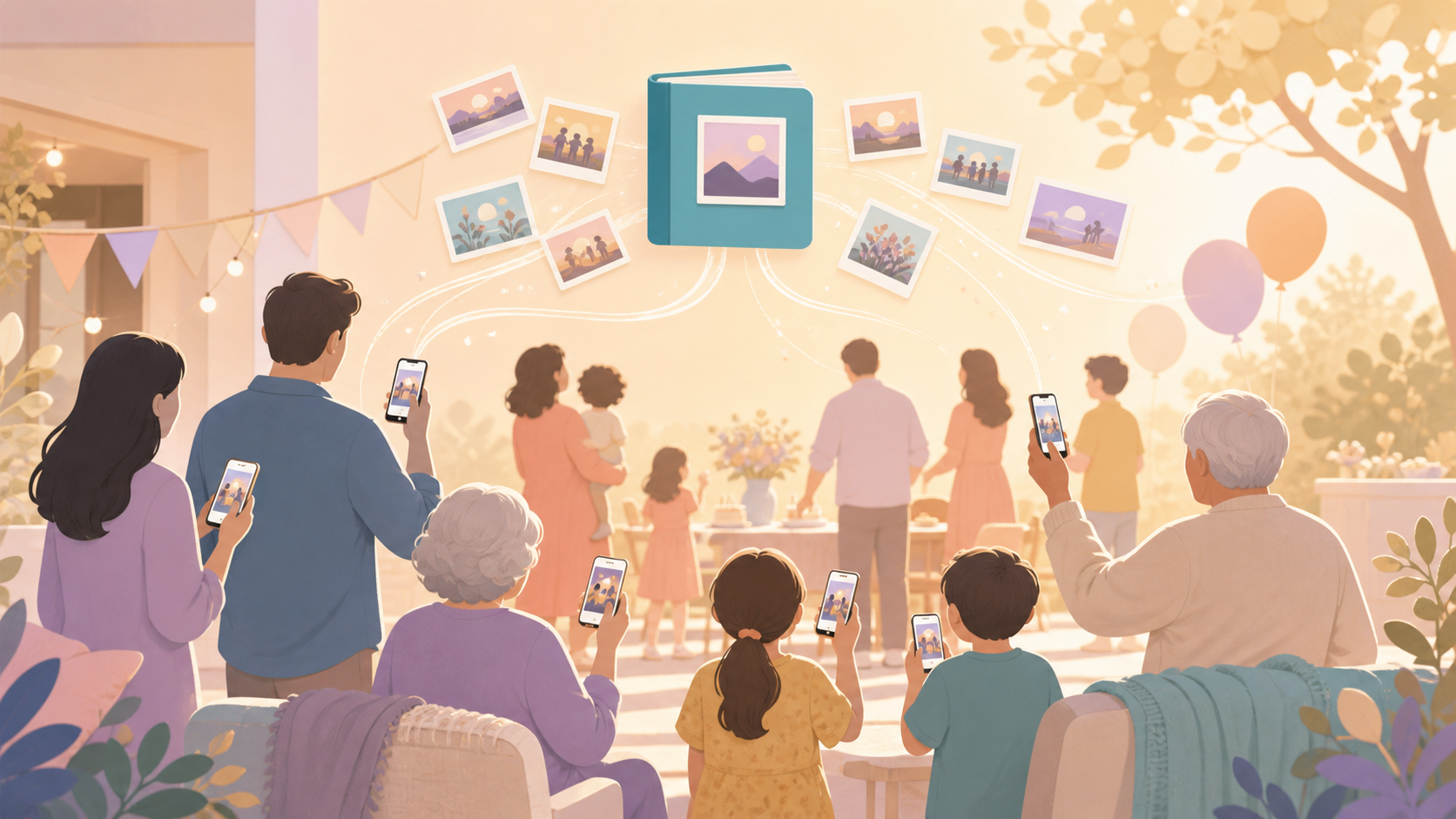 Warm illustration of a family event host collecting shared photos from relatives in one private album.