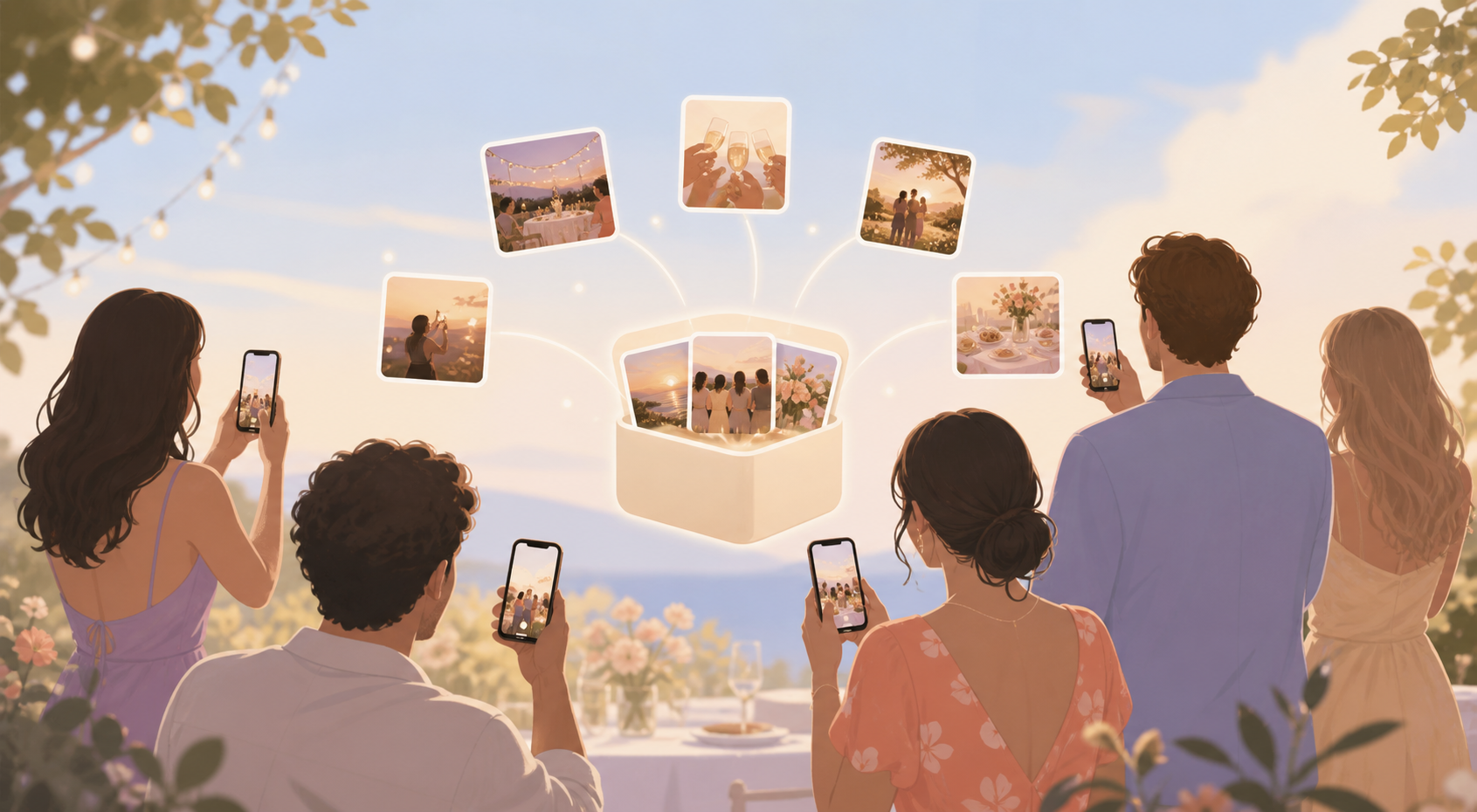 Warm illustration of an event host viewing a private shared photo album from guests.