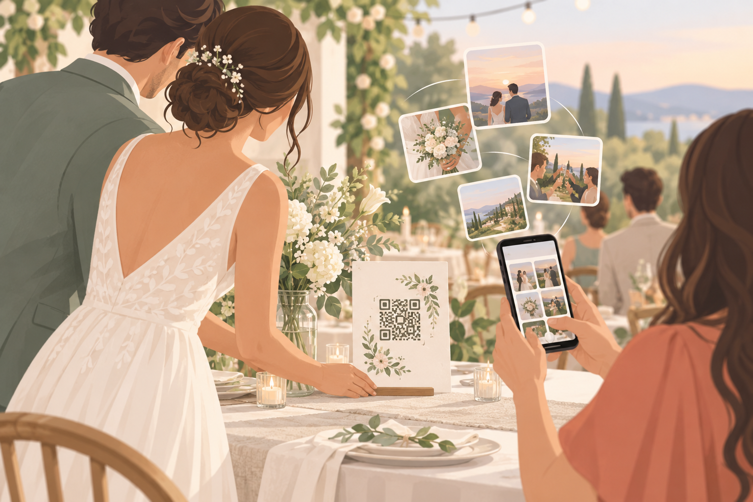 A couple at their wedding reception with guests scanning a QR code on a table card to share photos.
