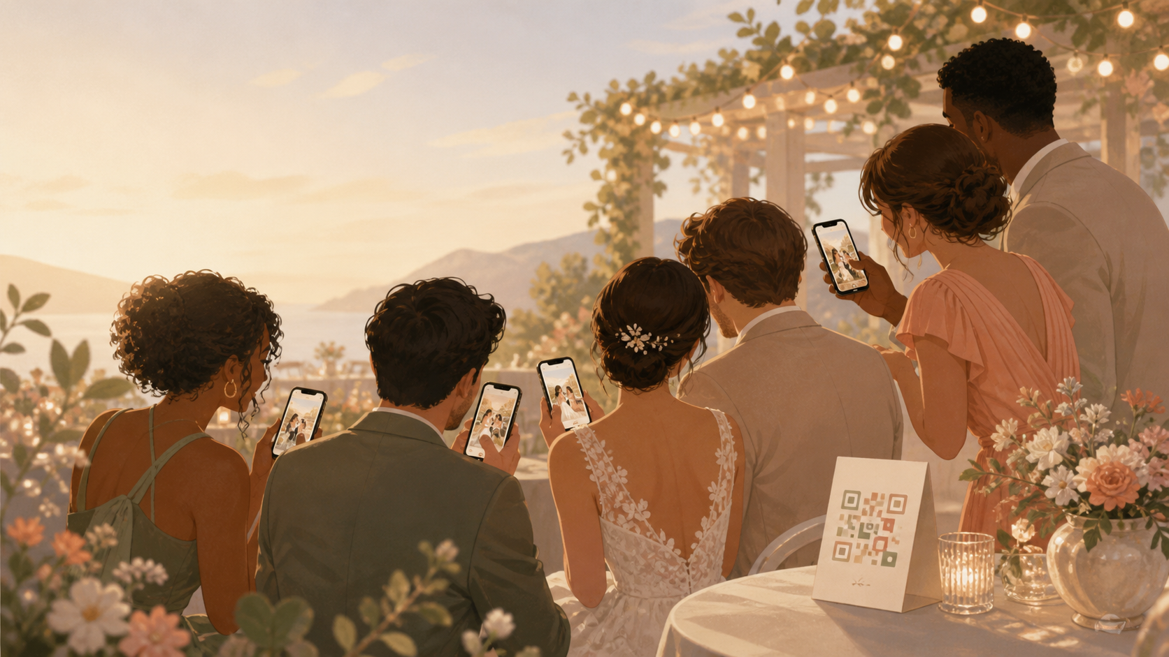Wedding guests scanning a QR code to add private celebration photos.