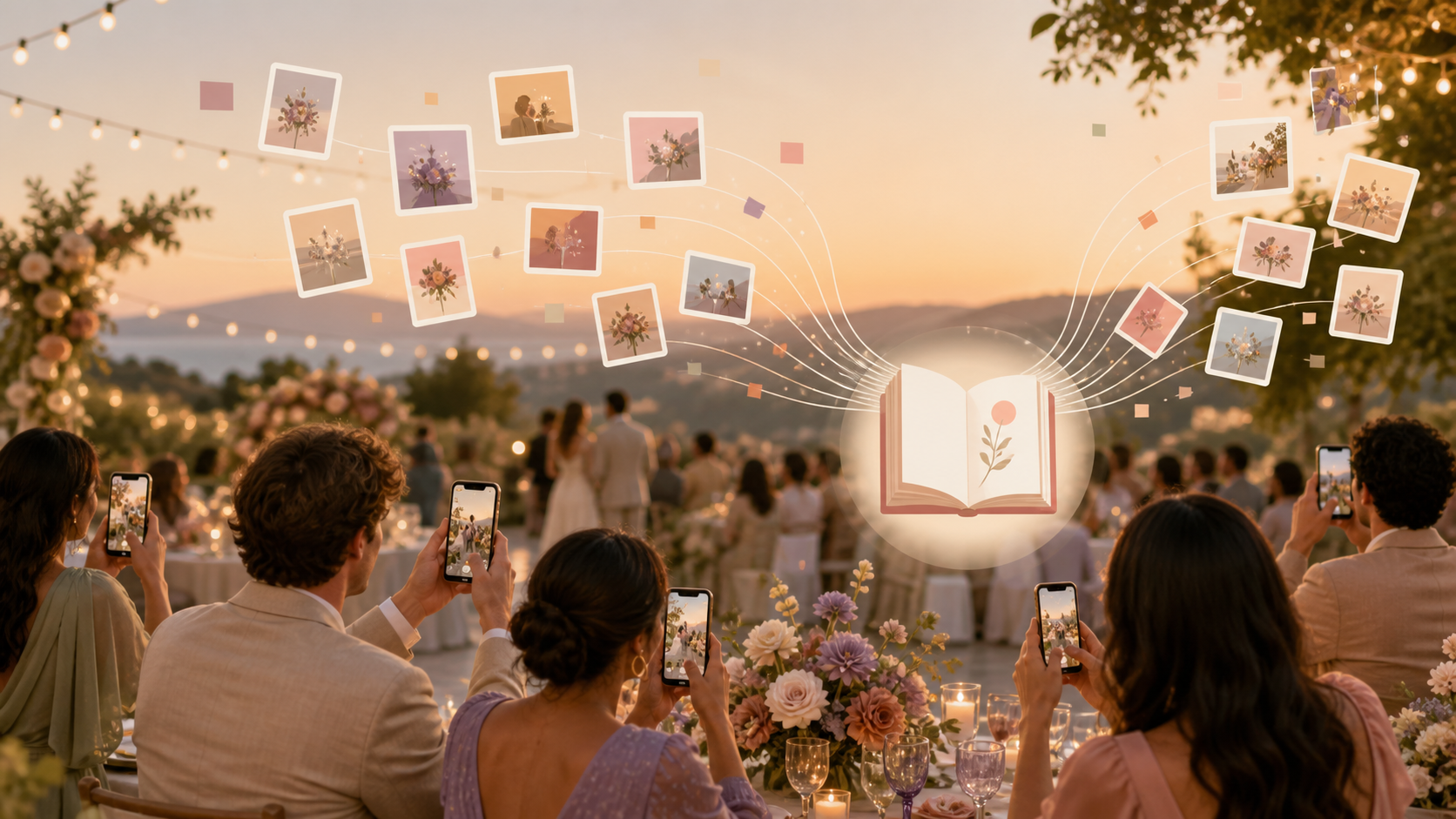 Warm wedding scene with guests capturing candid ceremony and reception photos for a private shared album.