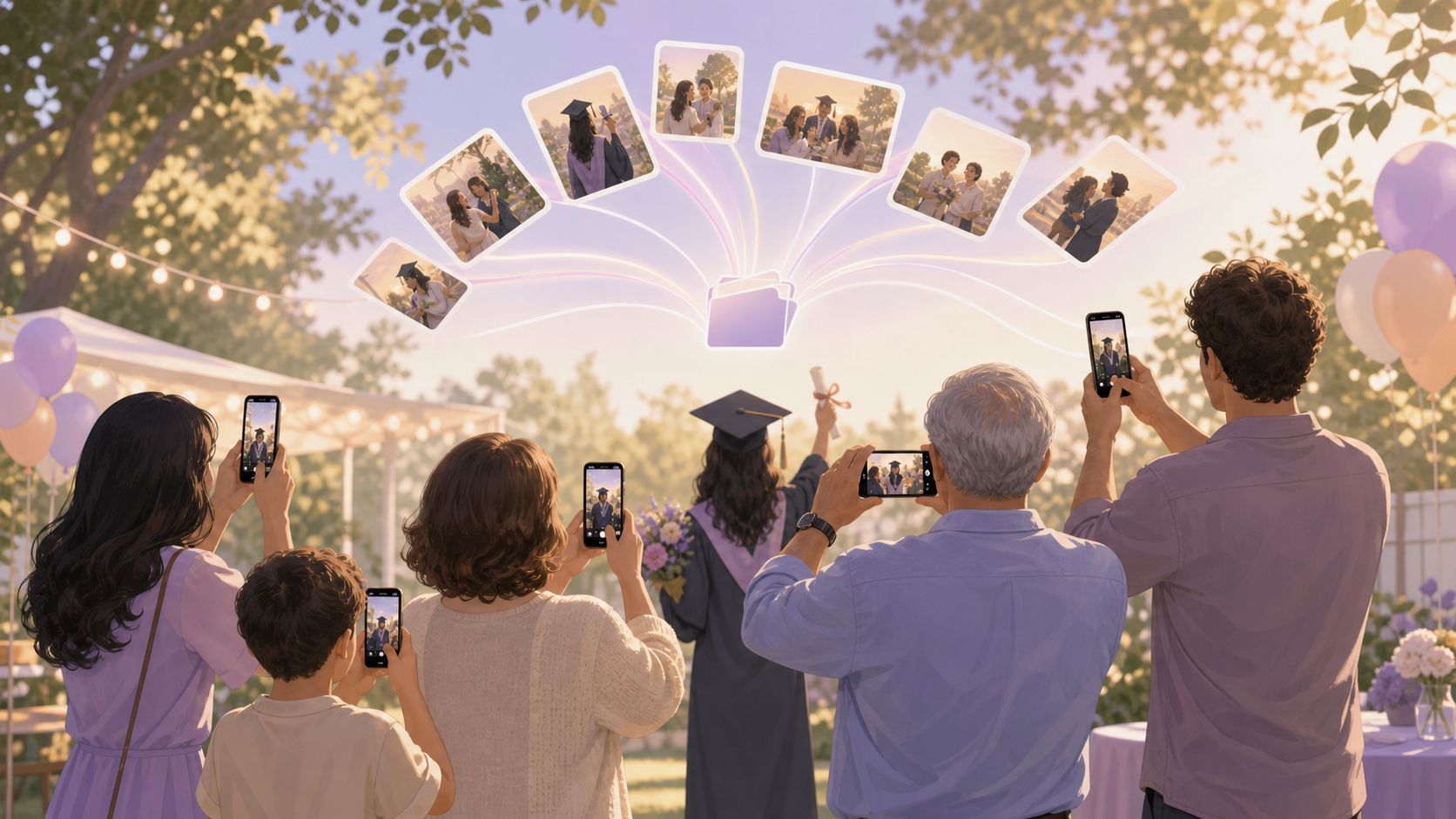 Warm illustration of a family gathered around a phone at a graduation party, sharing photos from the day into a single album.