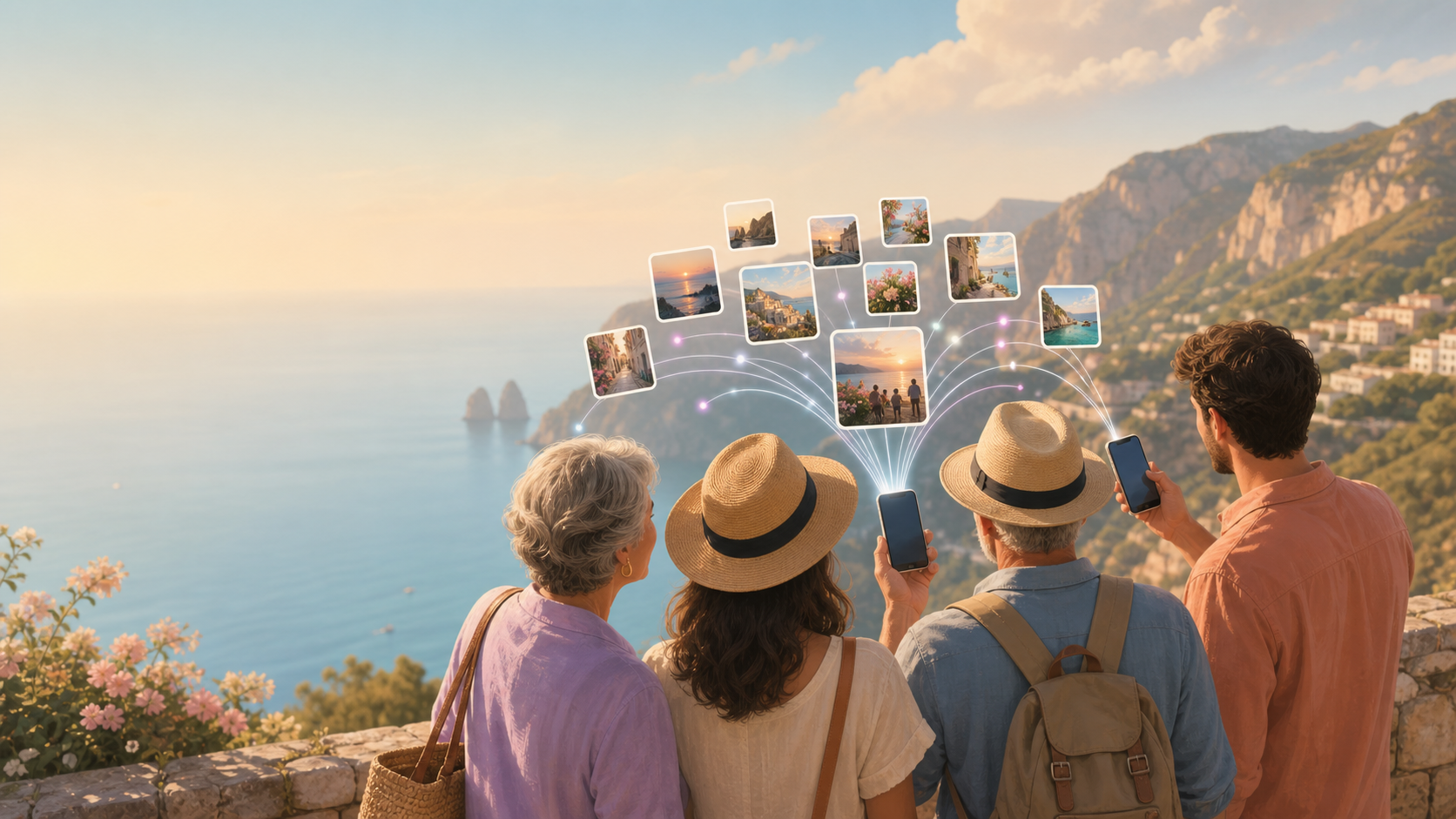 A mixed group of travelers on vacation — some on iPhones, some on Android — all looking at the same shared album filling up in real time.