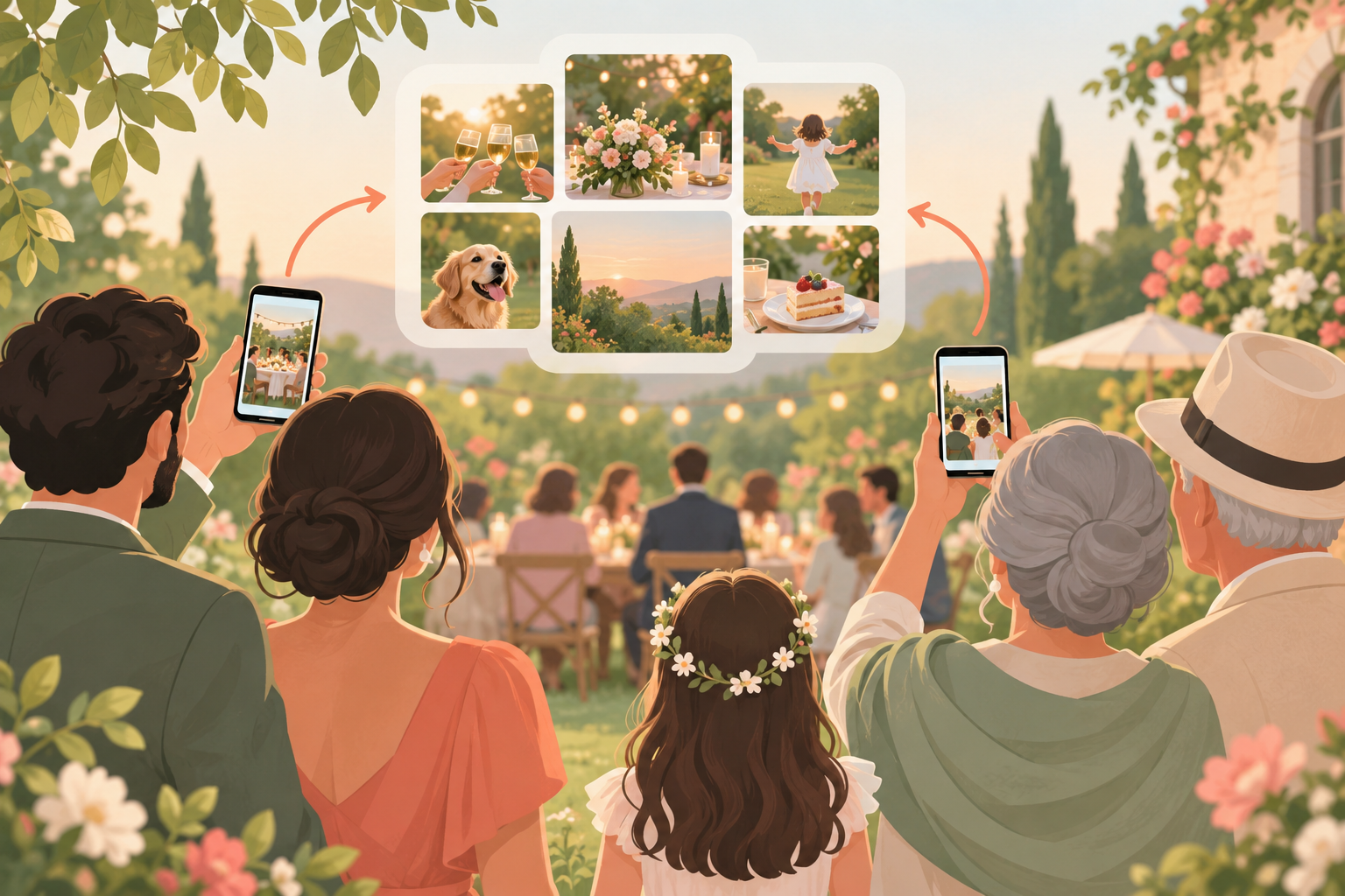 Warm illustration of wedding and birthday guests uploading candid phone photos into one shared event album.