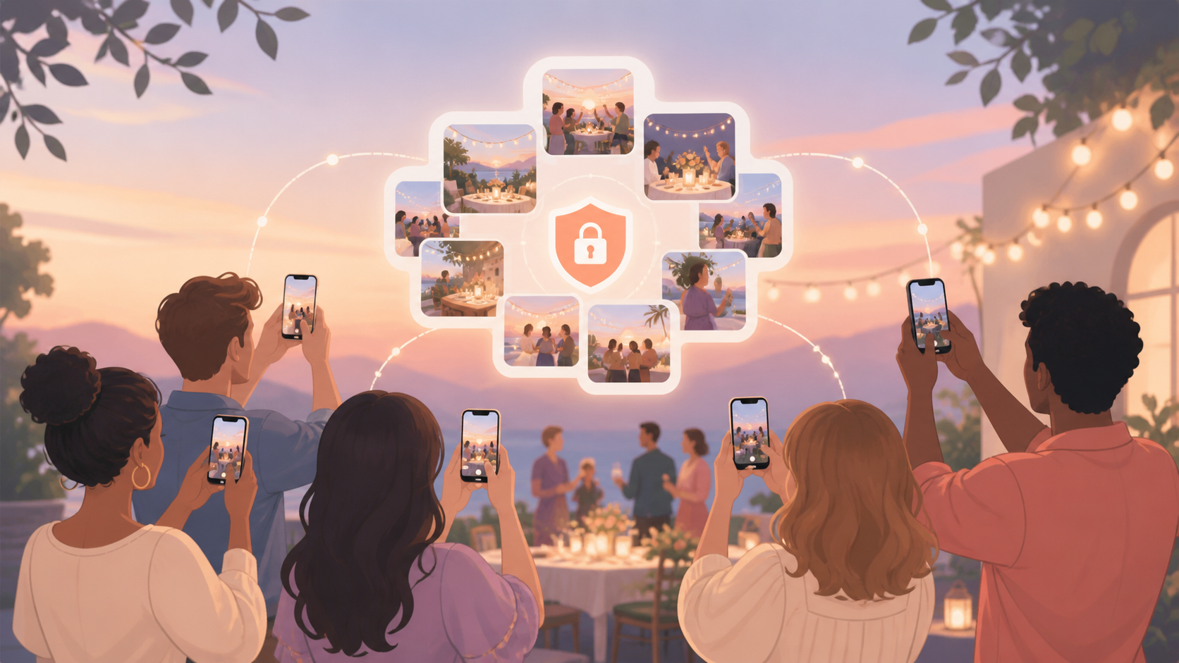 Party host showing guests a QR code for a private shared photo album.