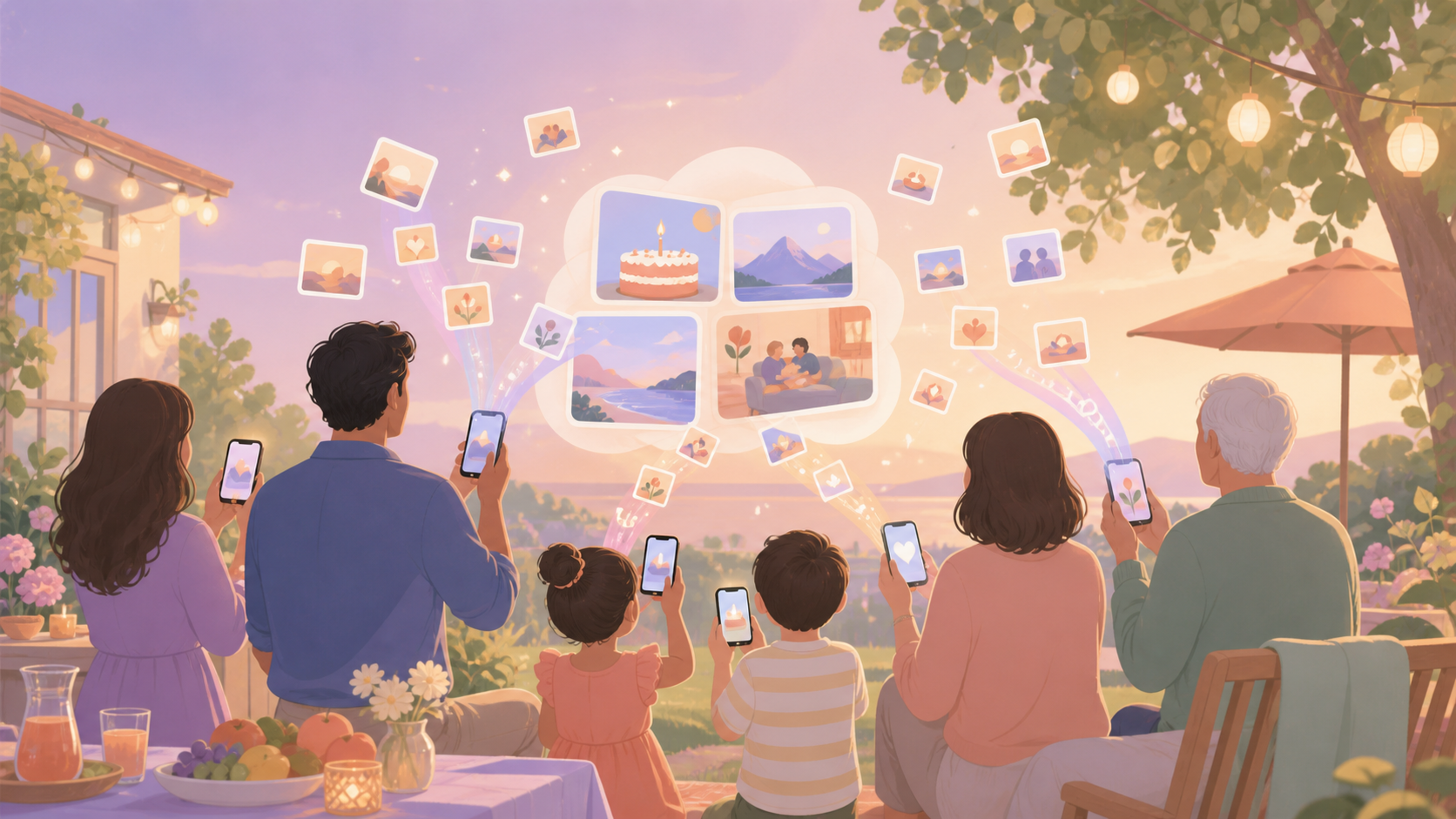 Family members adding birthday and trip photos to one private shared album.