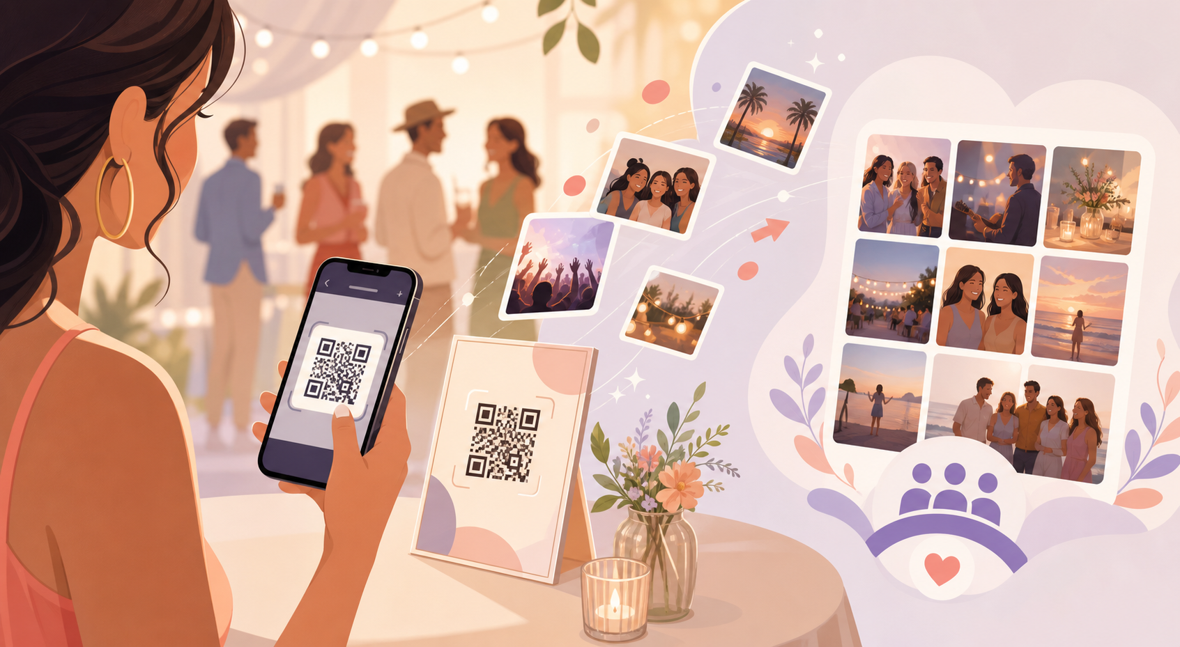 Stylized illustration of event guests scanning a QR code to add photos to a shared gallery