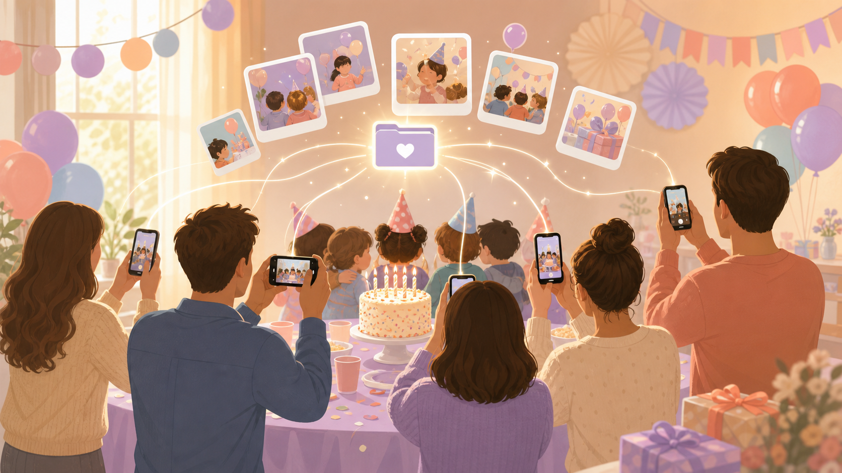 A group of parents at a kids birthday party holding up phones to capture the cake moment, with a sync.camera QR code visible on the table.