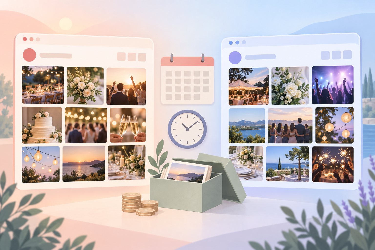 Editorial illustration: side-by-side comparison of two event photo sharing apps, one with a countdown timer on its photos.