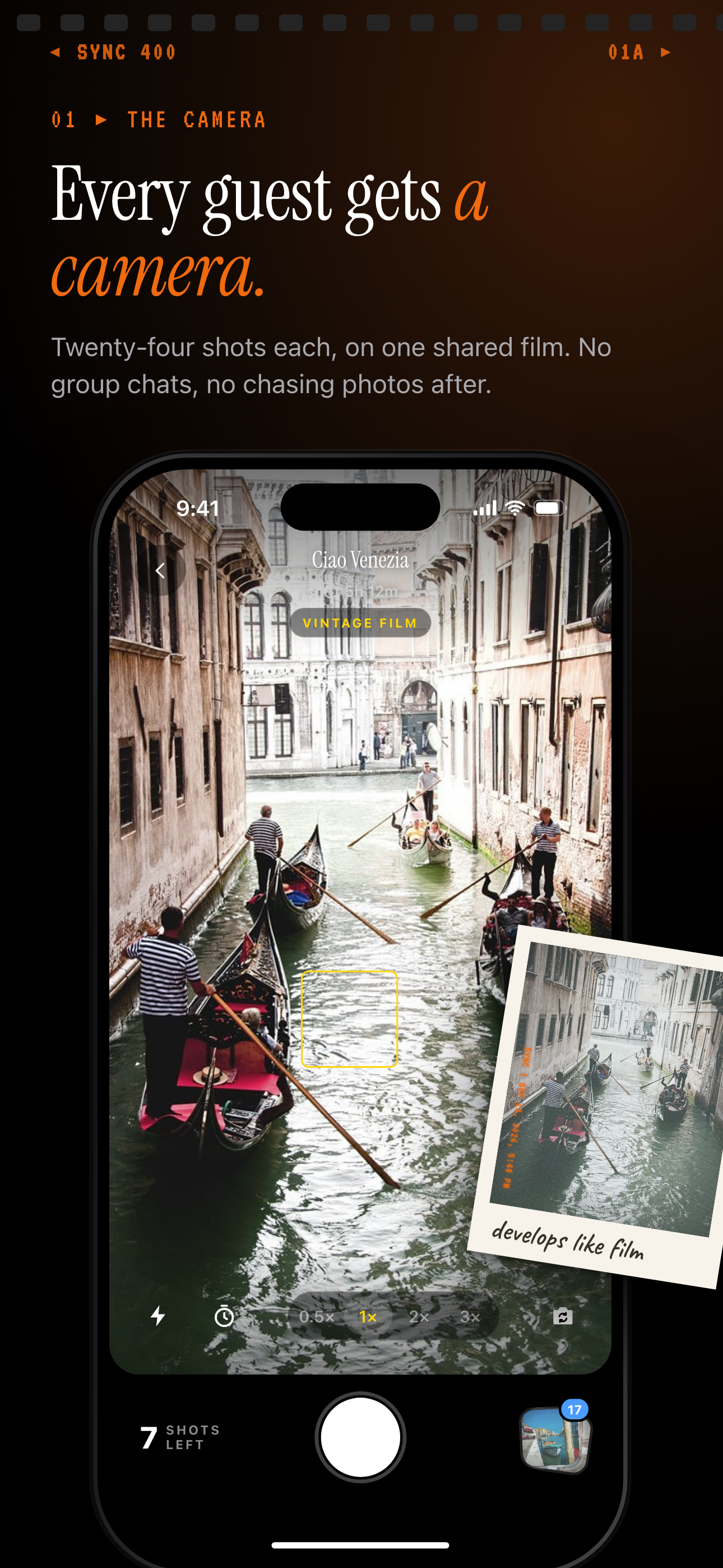 SYNC in-app camera on a group trip with a Vintage film badge, a shots-left counter and a print that develops like film