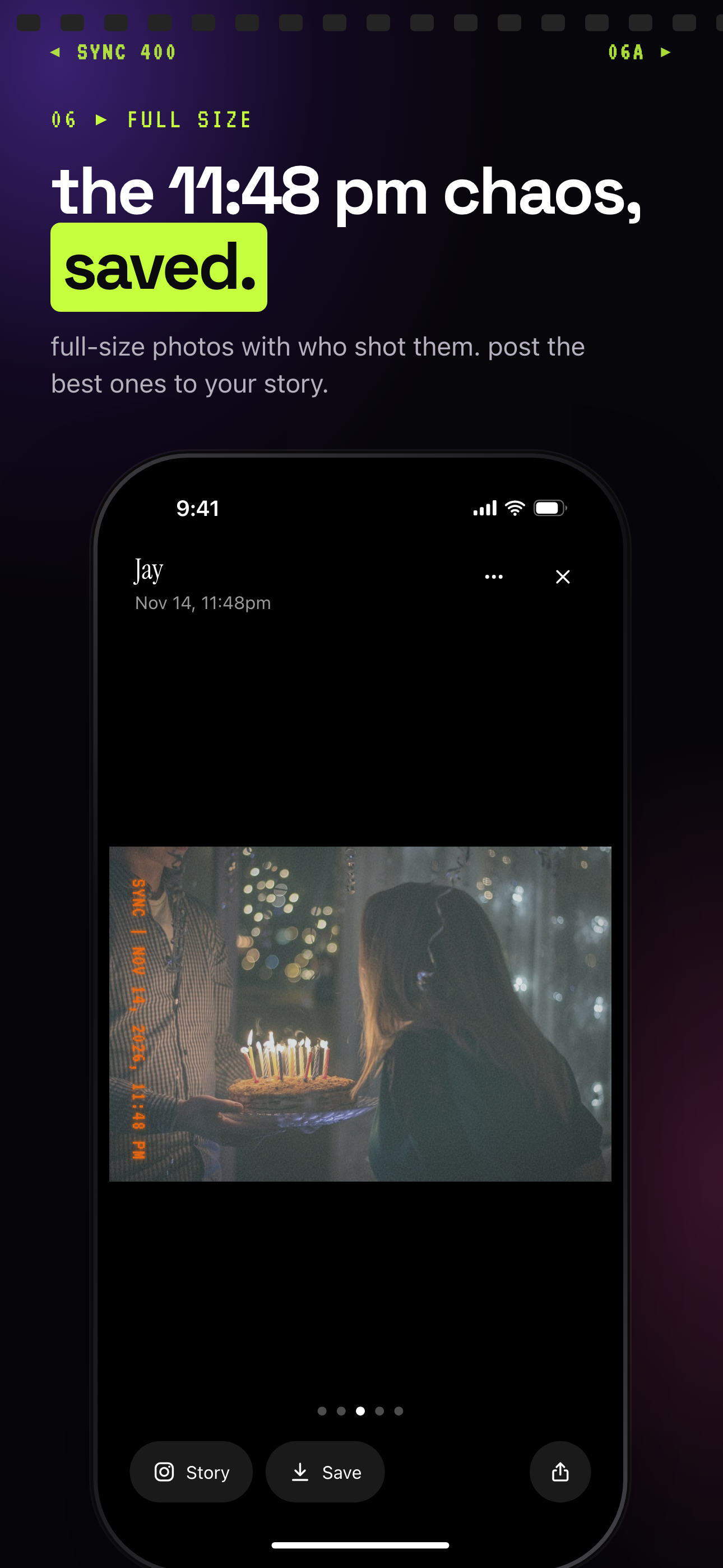SYNC photo viewer showing a vintage-look photo of a candle-lit birthday cake, credited to the guest who took it