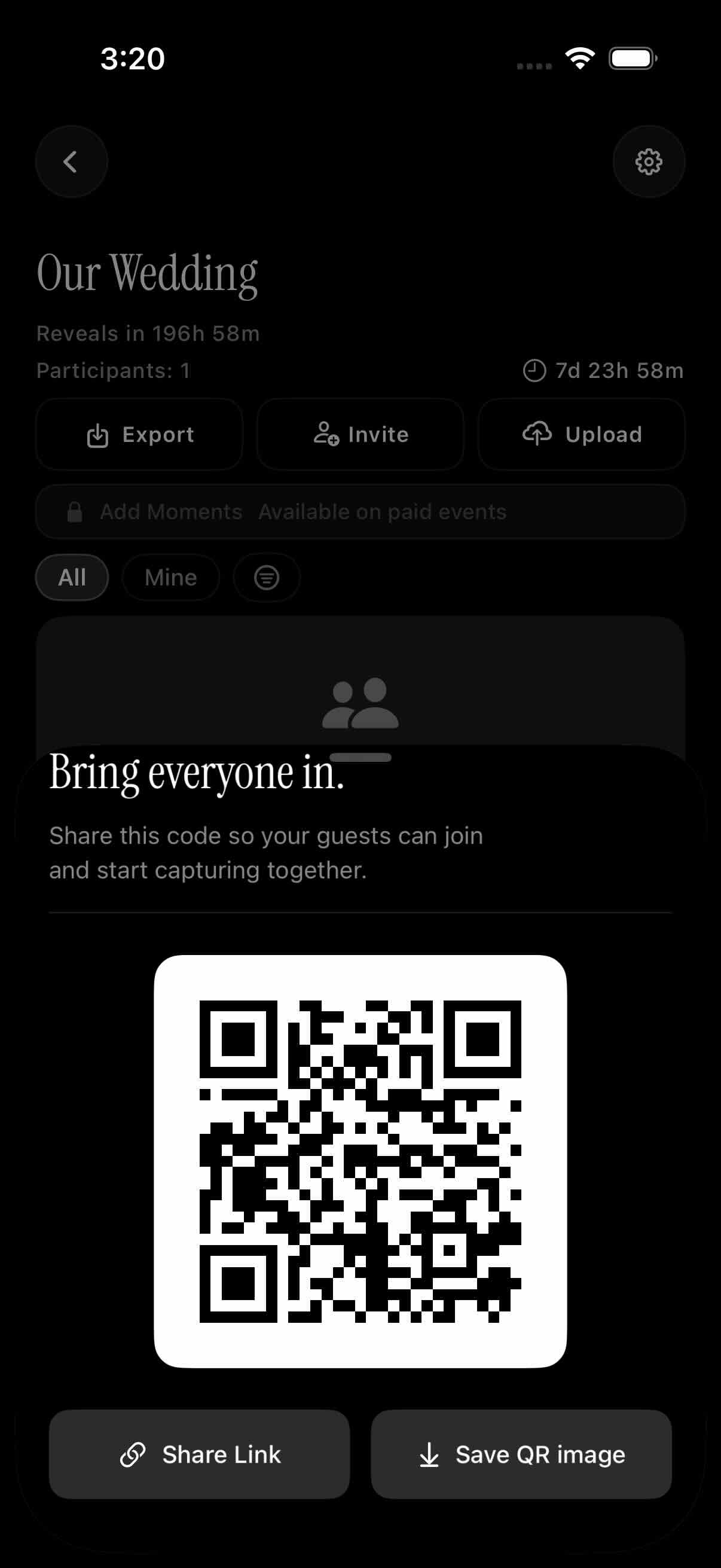 A smartphone camera scanning a QR code at an event, opening the sync.camera shared gallery upload experience.